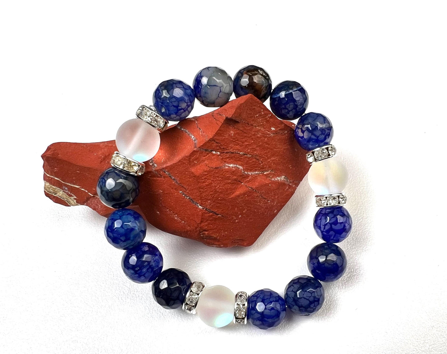 Fire Agate blue faceted 10mm Glass glow bead Rhinestone Spacers stretch Bracelet. Beautiful blue fire agate bracelet gift