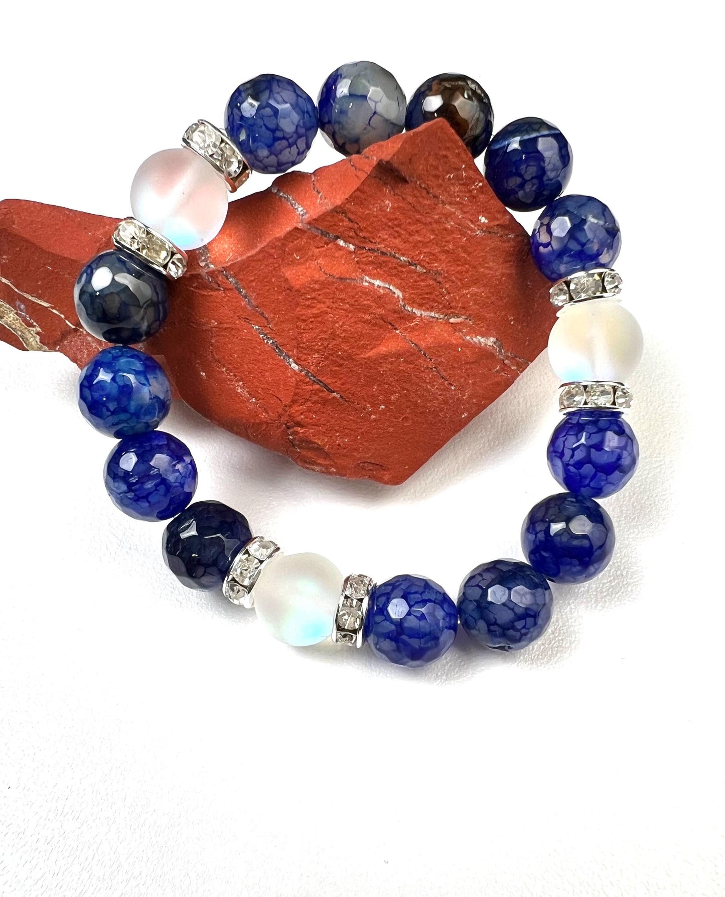Fire Agate blue faceted 10mm Glass glow bead Rhinestone Spacers stretch Bracelet. Beautiful blue fire agate bracelet gift