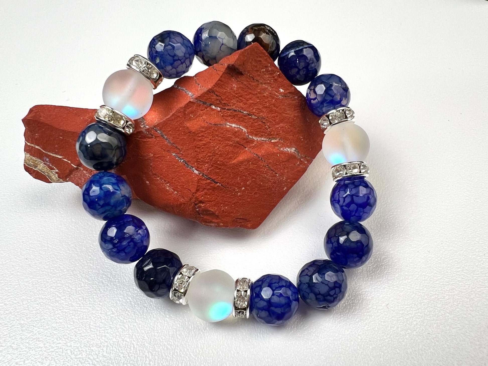 Fire Agate blue faceted 10mm Glass glow bead Rhinestone Spacers stretch Bracelet. Beautiful blue fire agate bracelet gift
