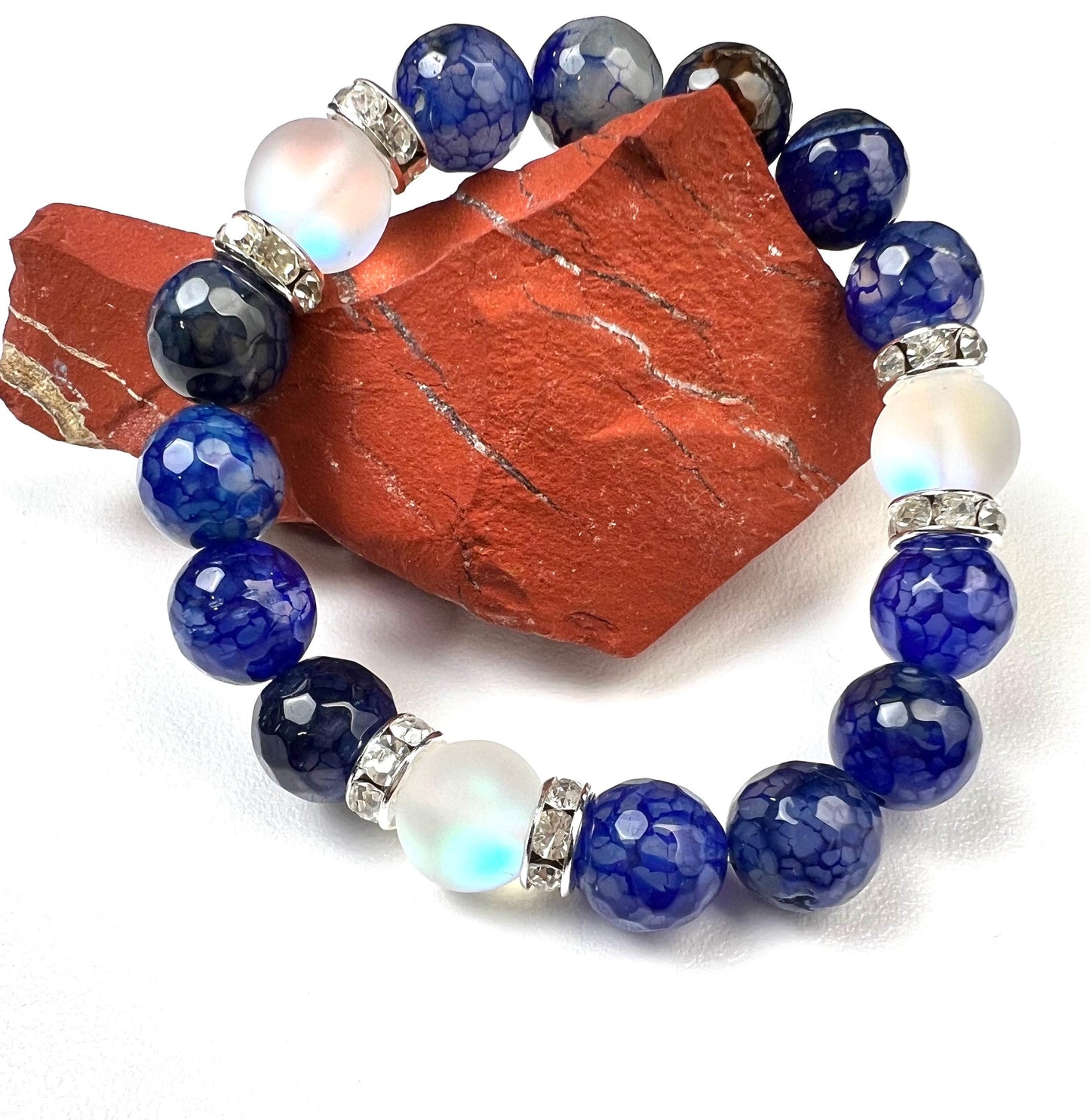 Fire Agate blue faceted 10mm Glass glow bead Rhinestone Spacers stretch Bracelet. Beautiful blue fire agate bracelet gift