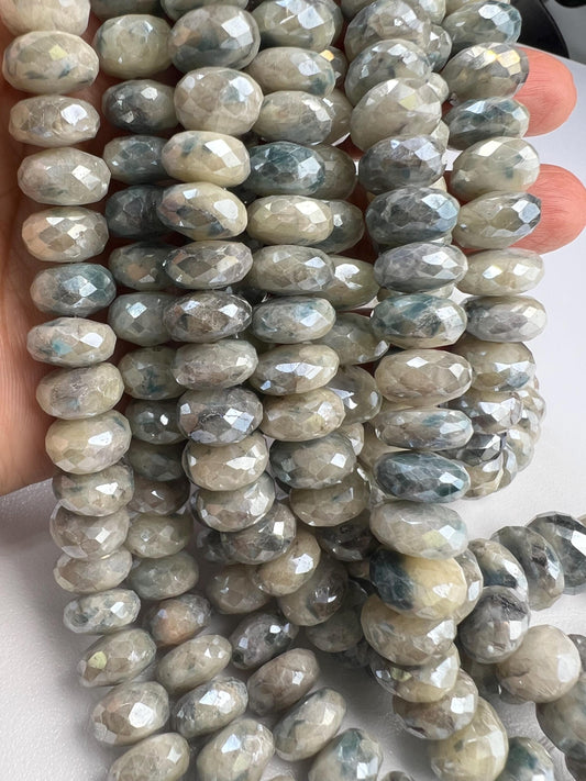 Natural Silverite white Sapphire Faceted White blue Large size Roundel 10.5-11.5mm big Jewelry Making Gemstone Beads 8" strand