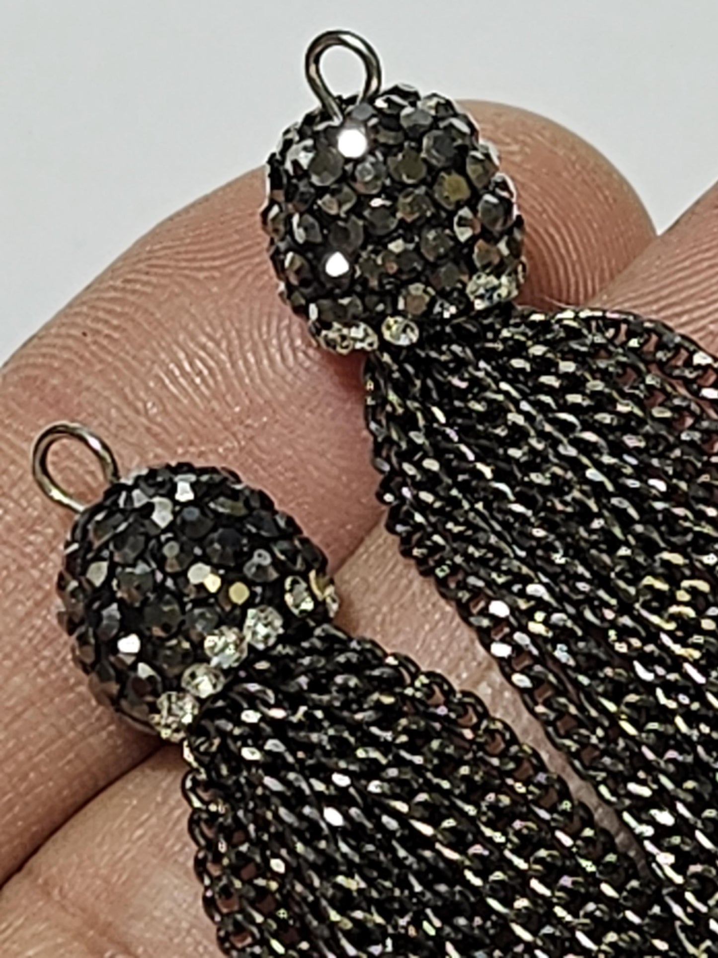2 pieces black Gun Metal 10mm Rhinestone Crystal Cap Tassel with Gold, Silver line, Jewelry making Earrings, Pendant Findings. 70mm Long