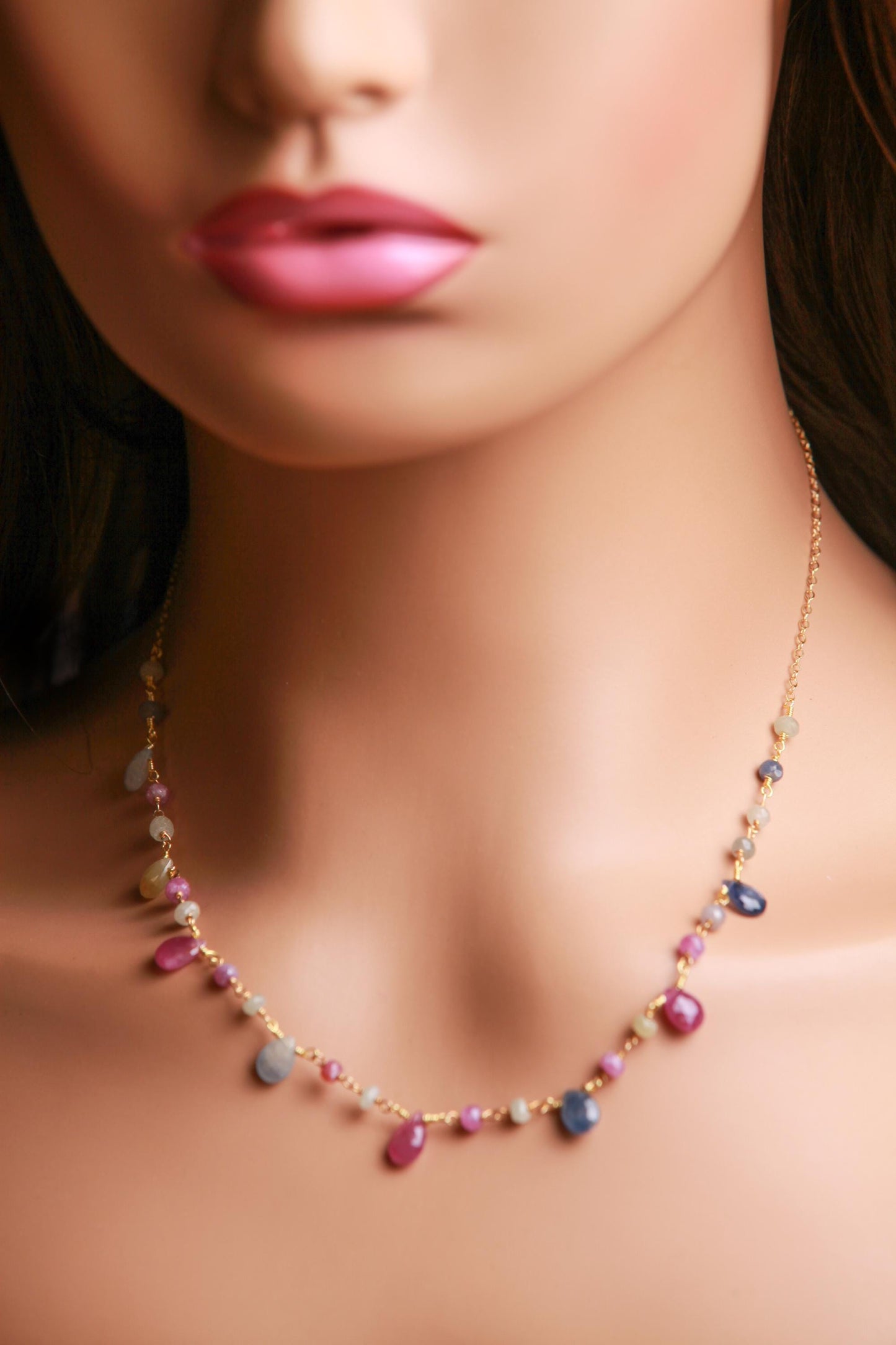 Natural Multi Sapphire Necklace Wire Wrapped Faceted Pear Drop with Sapphire Rondelle in 14K Gold Filled necklace,one of a kind elegant gift