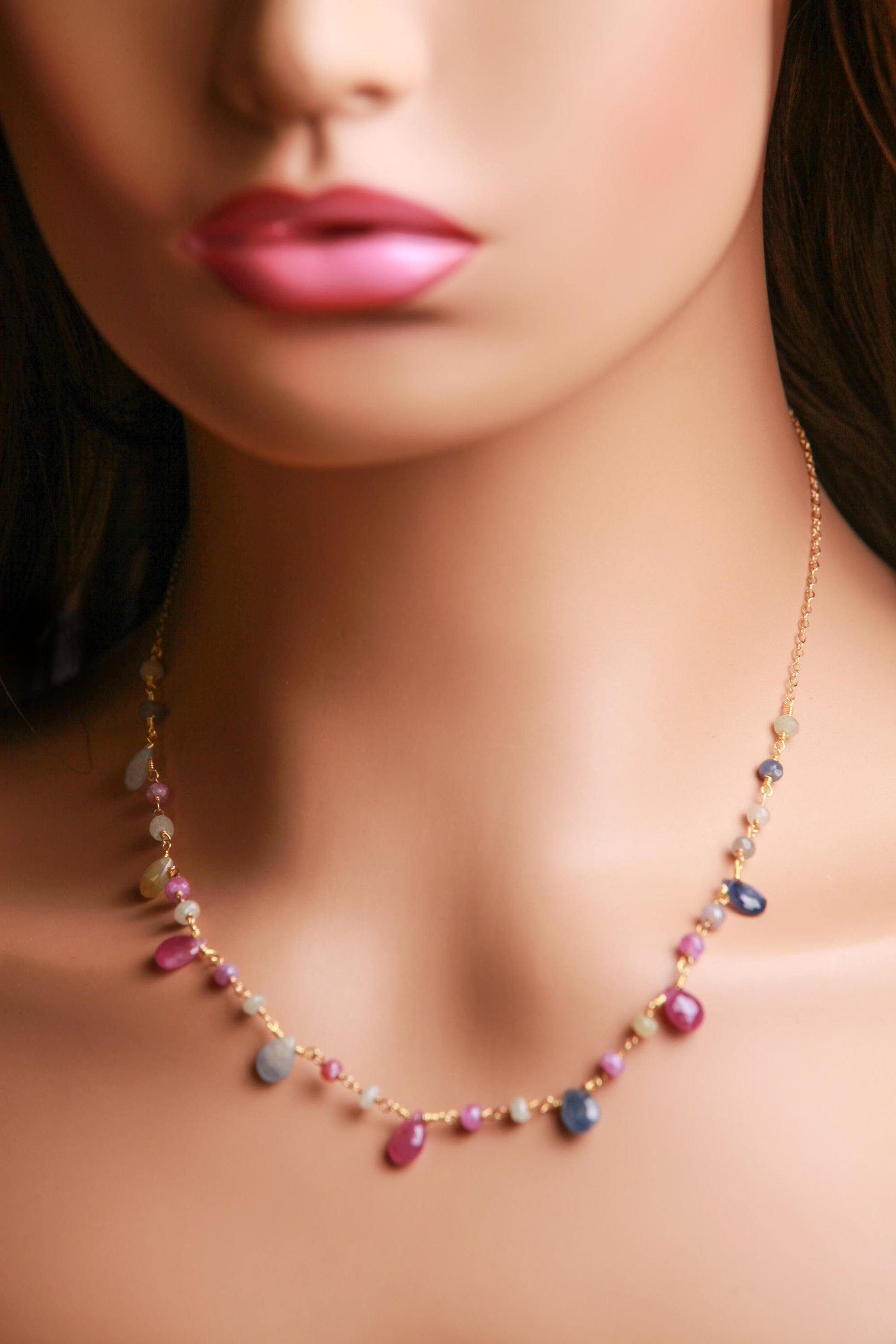 Natural Multi Sapphire Necklace Wire Wrapped Faceted Pear Drop with Sapphire Rondelle in 14K Gold Filled necklace,one of a kind elegant gift