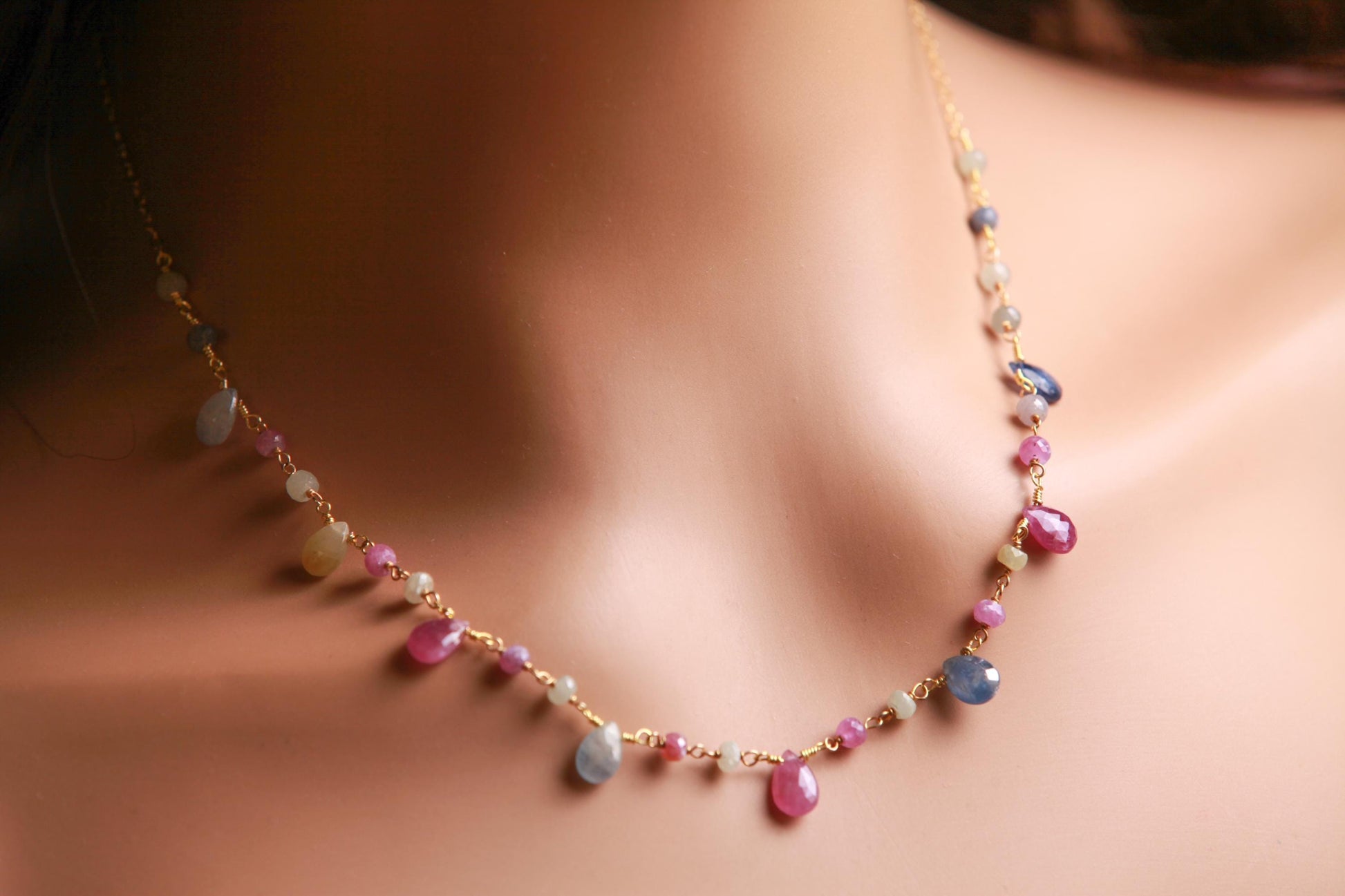 Natural Multi Sapphire Necklace Wire Wrapped Faceted Pear Drop with Sapphire Rondelle in 14K Gold Filled necklace,one of a kind elegant gift