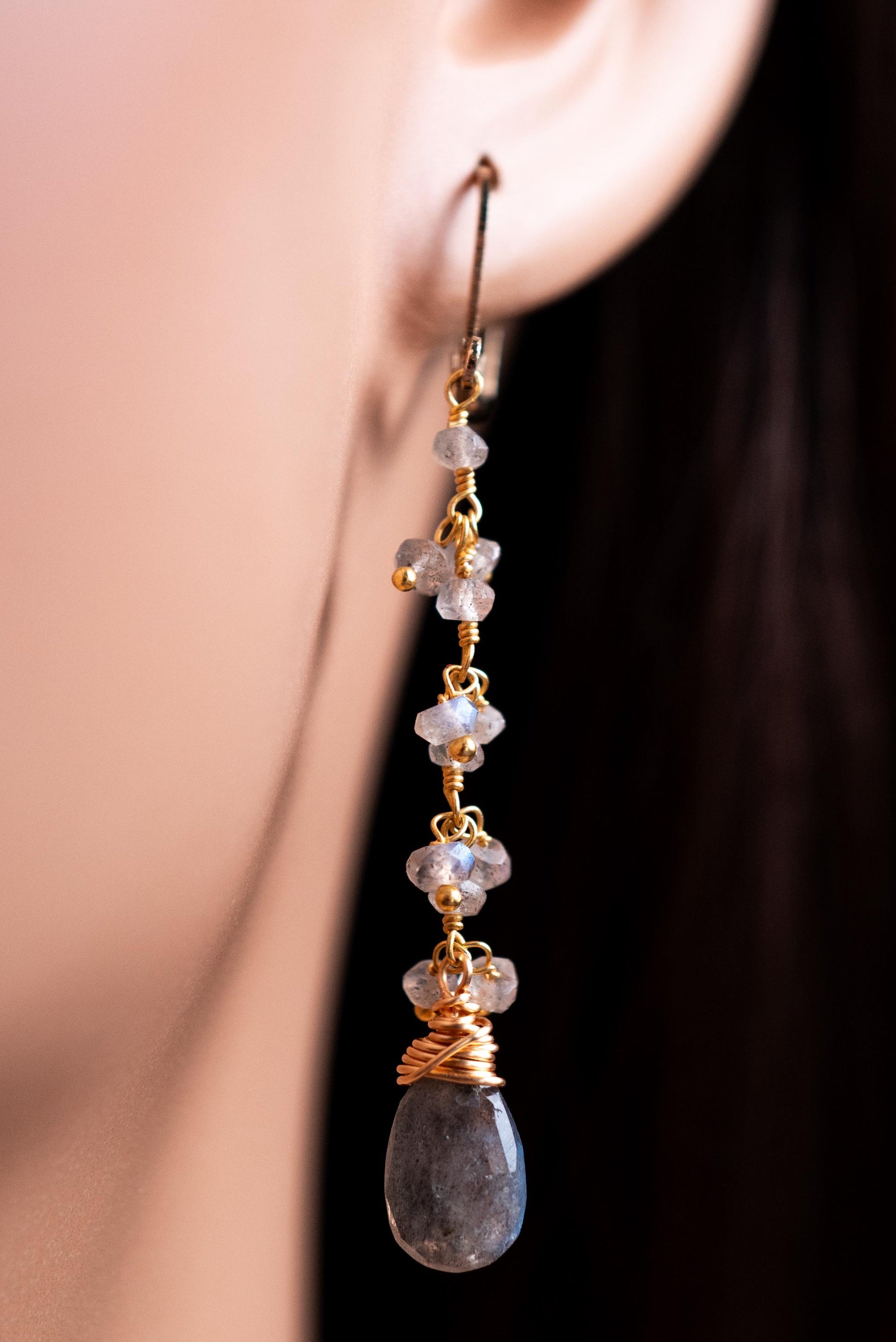 Handmade Labradorite Dangle Earrings, Gold over Silver, Boho Leverback