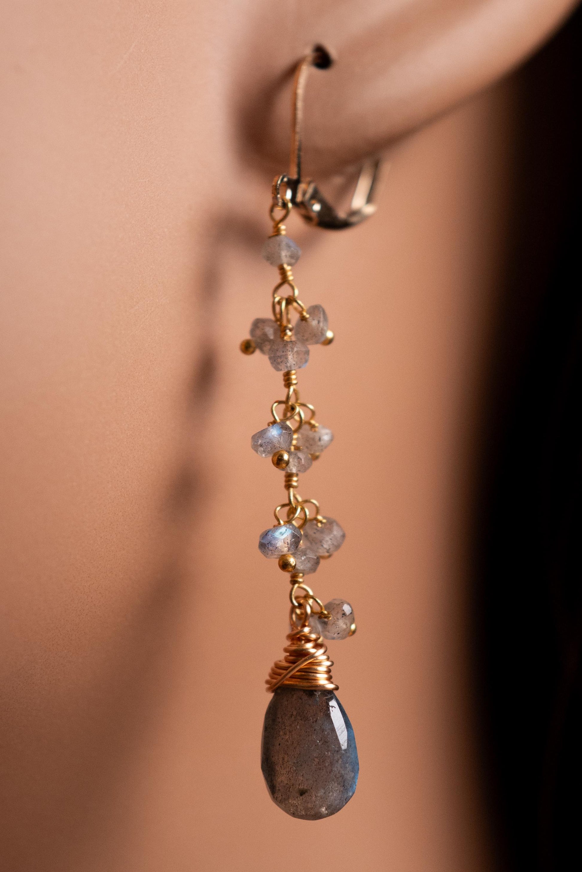 Handmade Labradorite Dangle Earrings, Gold over Silver, Boho Leverback