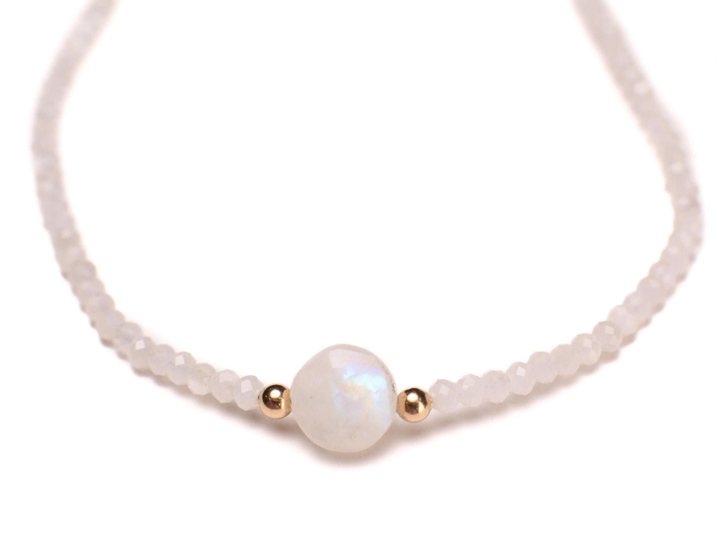 Moonstone Faceted 3- 3.5mm Rondelle with 10mm moonstone dime Front Choker layering Necklace in 14k Gold Filled ,Birthday, yoga ,healing