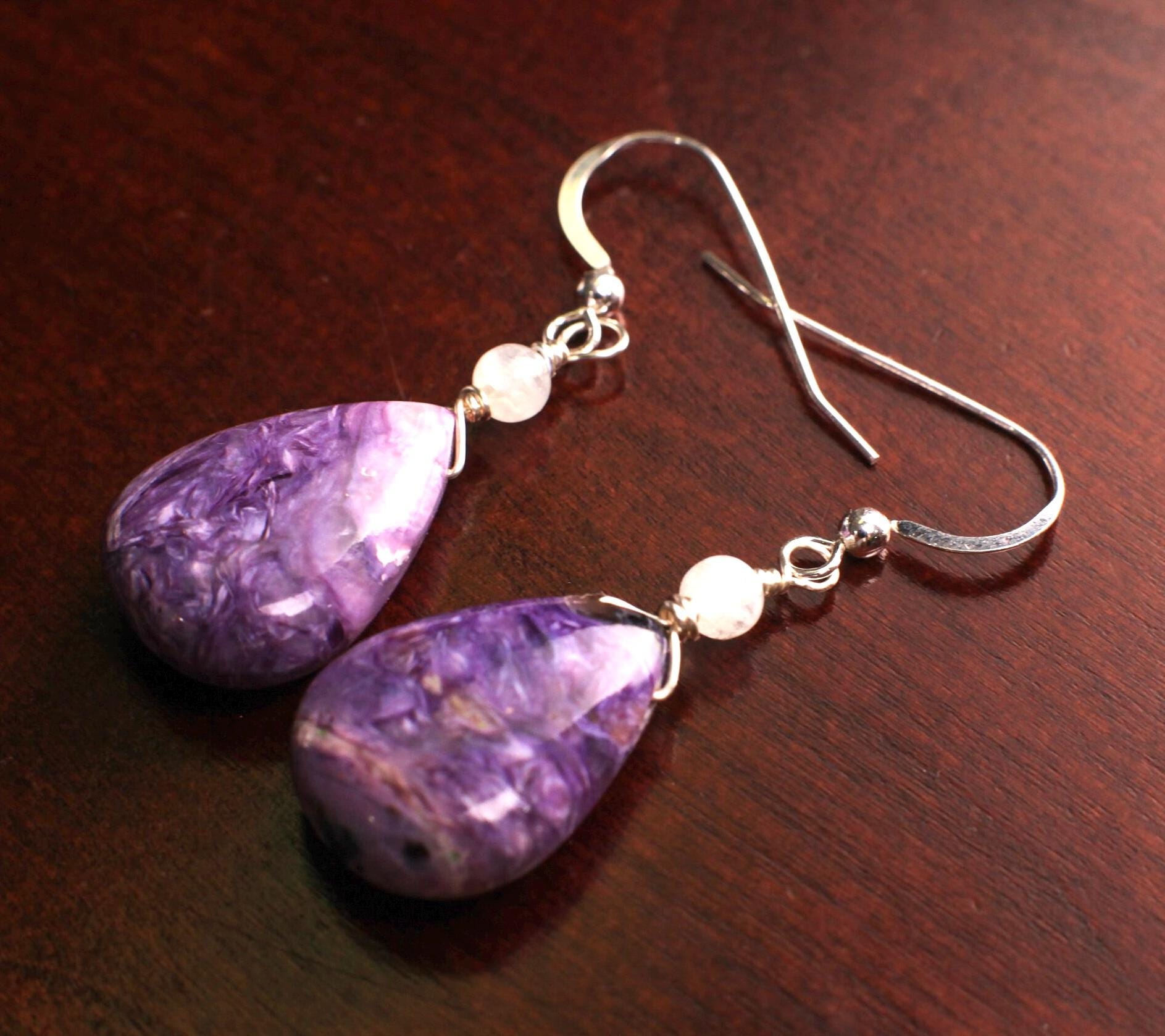 Natural Charolite smooth drop ,moonstone top spacer 925 sterling silver dangle earring. Beautiful rare AAA quality Rare Gemstone earring