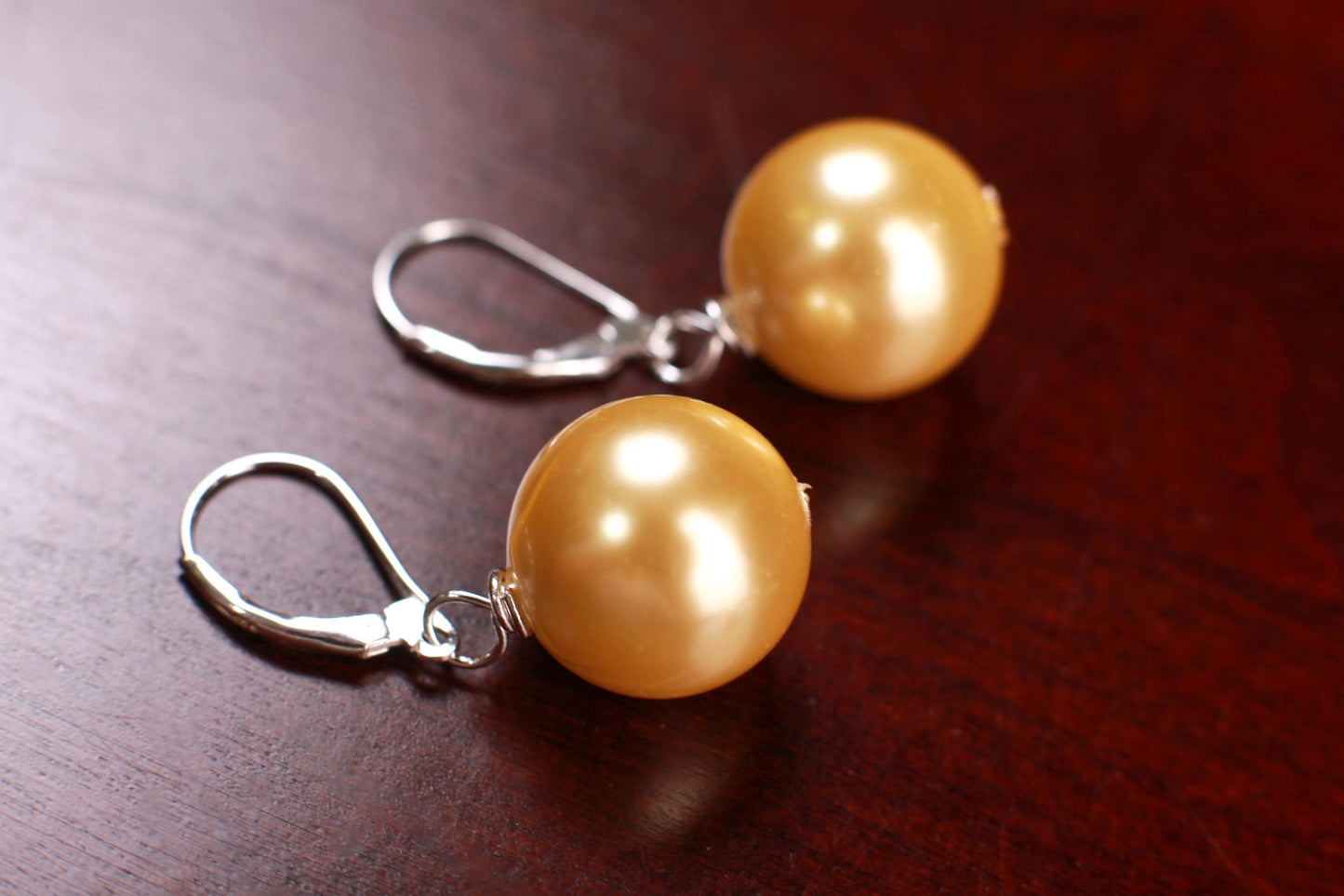Golden Yellow South SeaShell Pearl 12,14,16mm Large Gold Plated, Gold Vermeil, Sterling Silver, Silver Plated Leverback Earrings