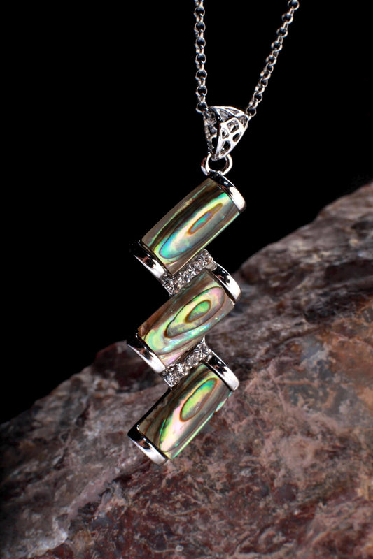 Abalone Shell Silver Bezel Zig Zag with Cubic Zirconia Charm Necklace Jewelry, Dainty Layering Paua Minimalist 18" Necklace