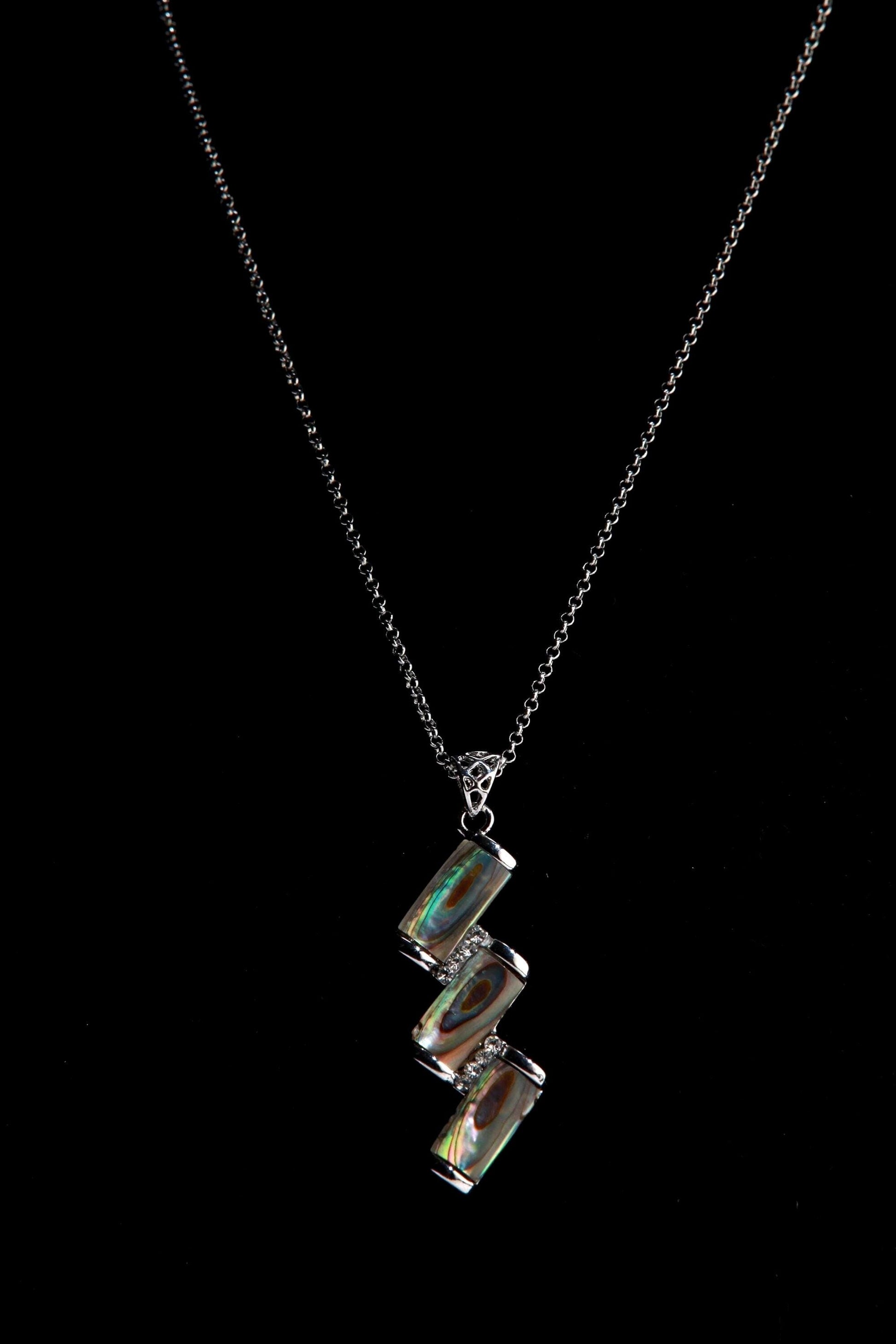 Abalone Shell Silver Bezel Zig Zag with Cubic Zirconia Charm Necklace Jewelry, Dainty Layering Paua Minimalist 18" Necklace