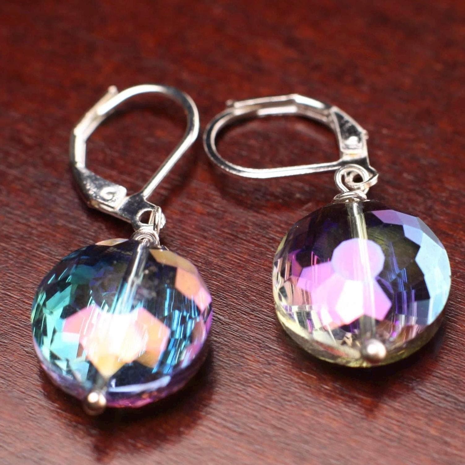 Purple AB Rainbow 14mm Disk Aurora borealies Swarovski Crystal Leverback Earrings, Valentine Gift