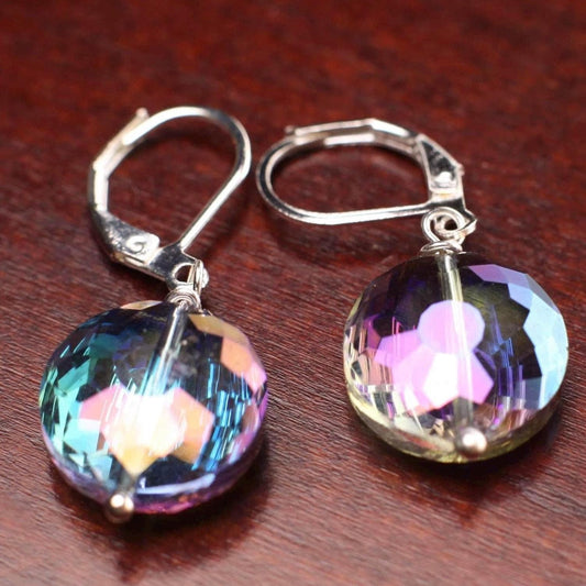 Purple AB Rainbow 14mm Disk Aurora borealies Swarovski Crystal Leverback Earrings, Valentine Gift