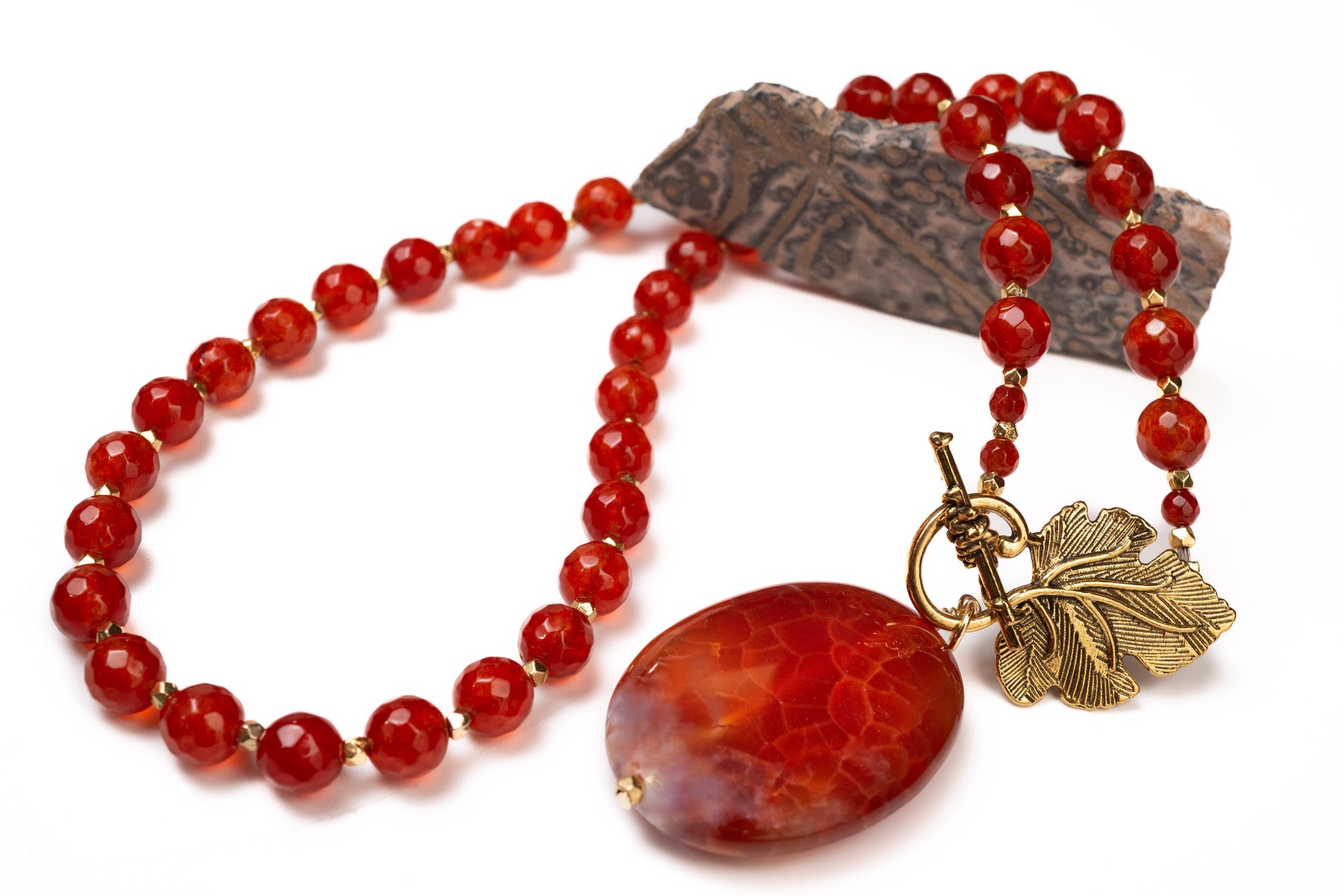 Carnelian Necklace, Natural Carnelian Faceted with Dangling Fire Agate Oval Pendant, Antiqued Gold Fancy Leaf Toggle Clasp, Gift