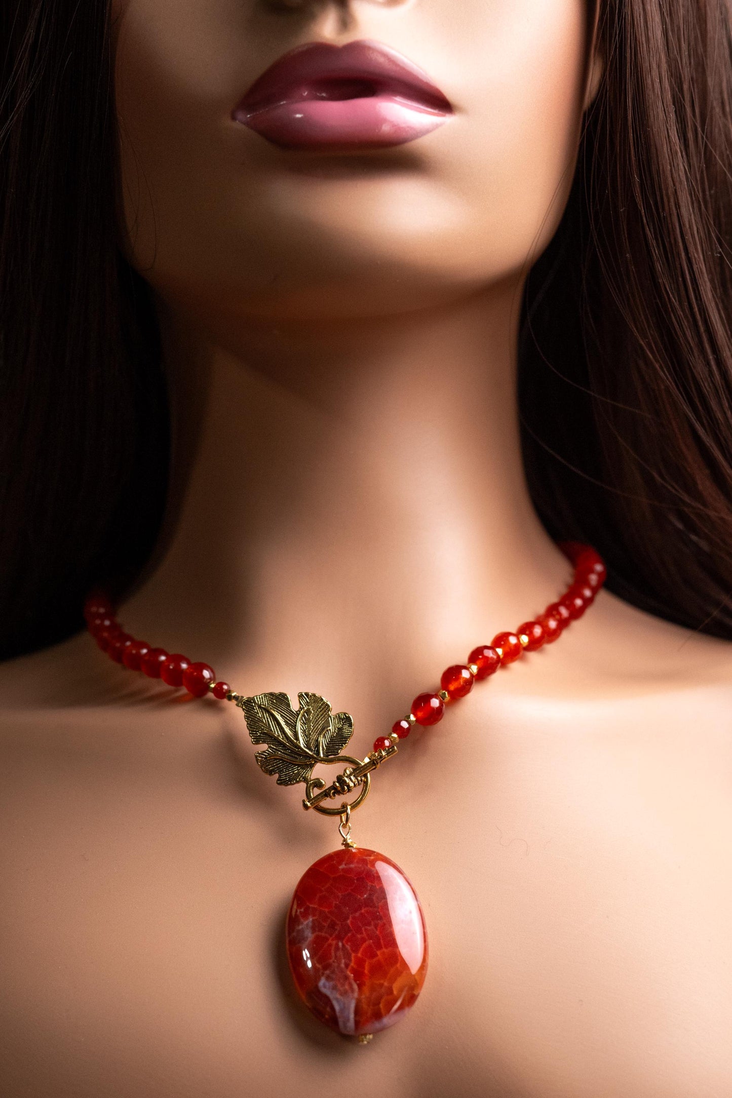 Carnelian Necklace, Natural Carnelian Faceted with Dangling Fire Agate Oval Pendant, Antiqued Gold Fancy Leaf Toggle Clasp, Gift
