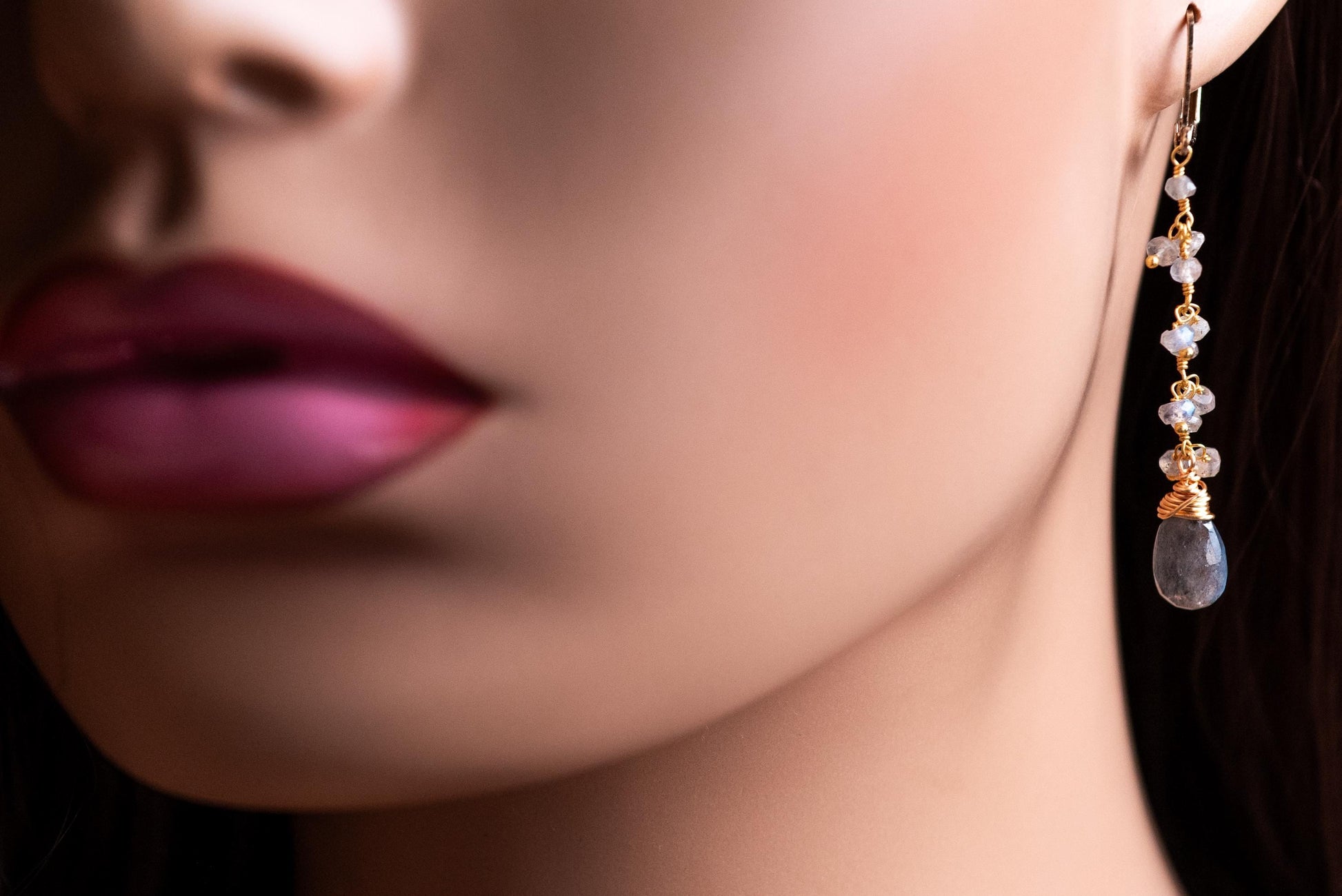 Handmade Labradorite Dangle Earrings, Gold over Silver, Boho Leverback