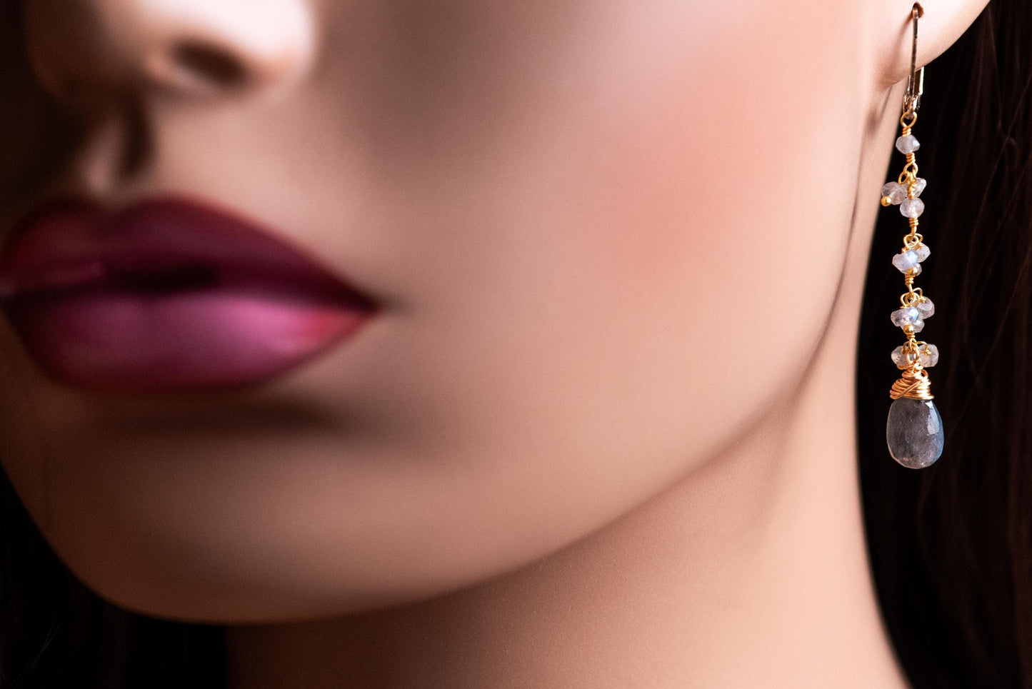 Handmade Labradorite Dangle Earrings, Gold over Silver, Boho Leverback