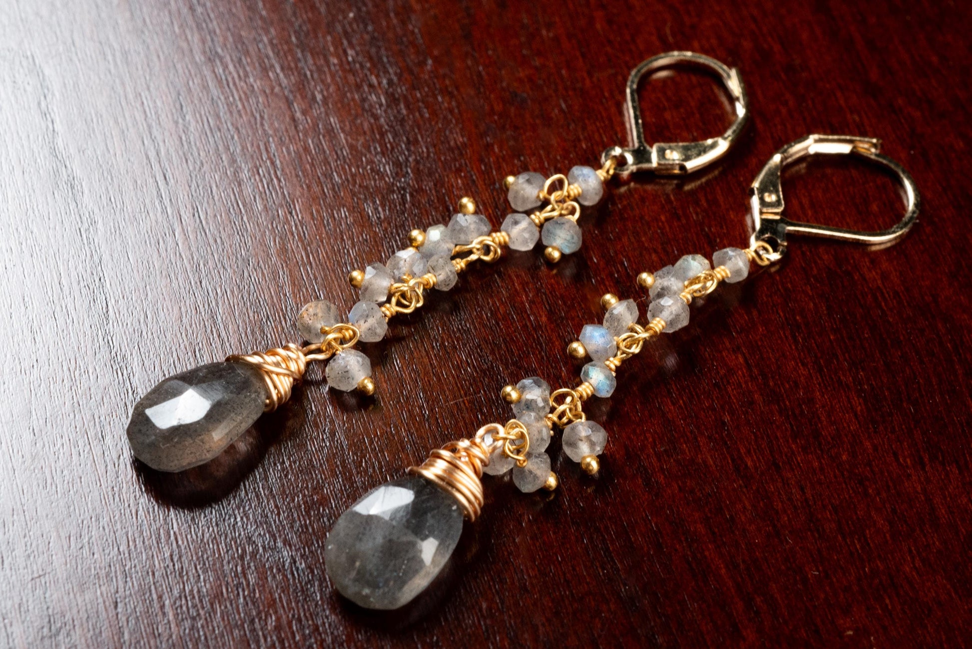 Handmade Labradorite Dangle Earrings, Gold over Silver, Boho Leverback