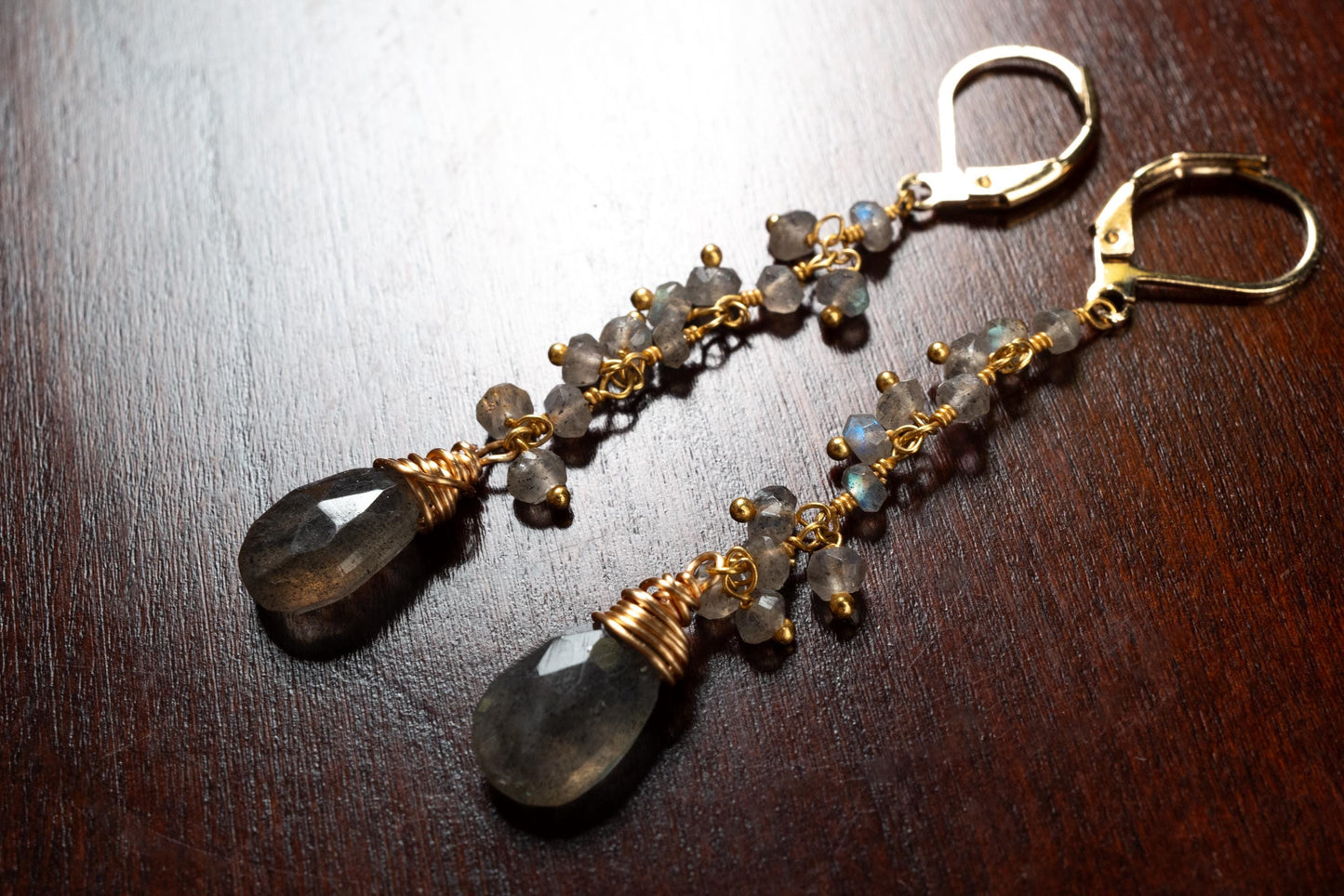 Handmade Labradorite Dangle Earrings, Gold over Silver, Boho Leverback