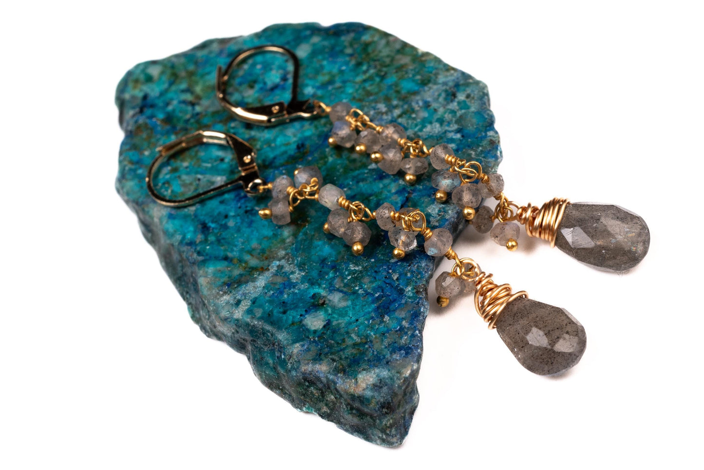Handmade Labradorite Dangle Earrings, Gold over Silver, Boho Leverback
