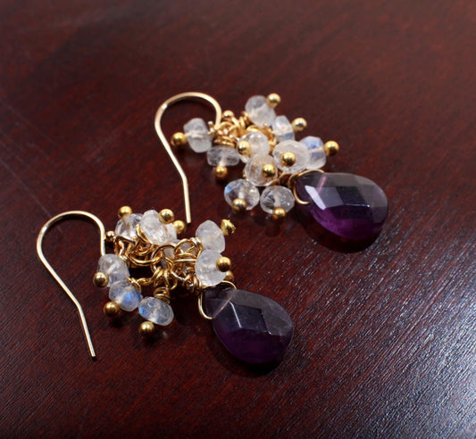 Moonstone Cluster Earrings with Amethyst Drop, 14K Gold Filled