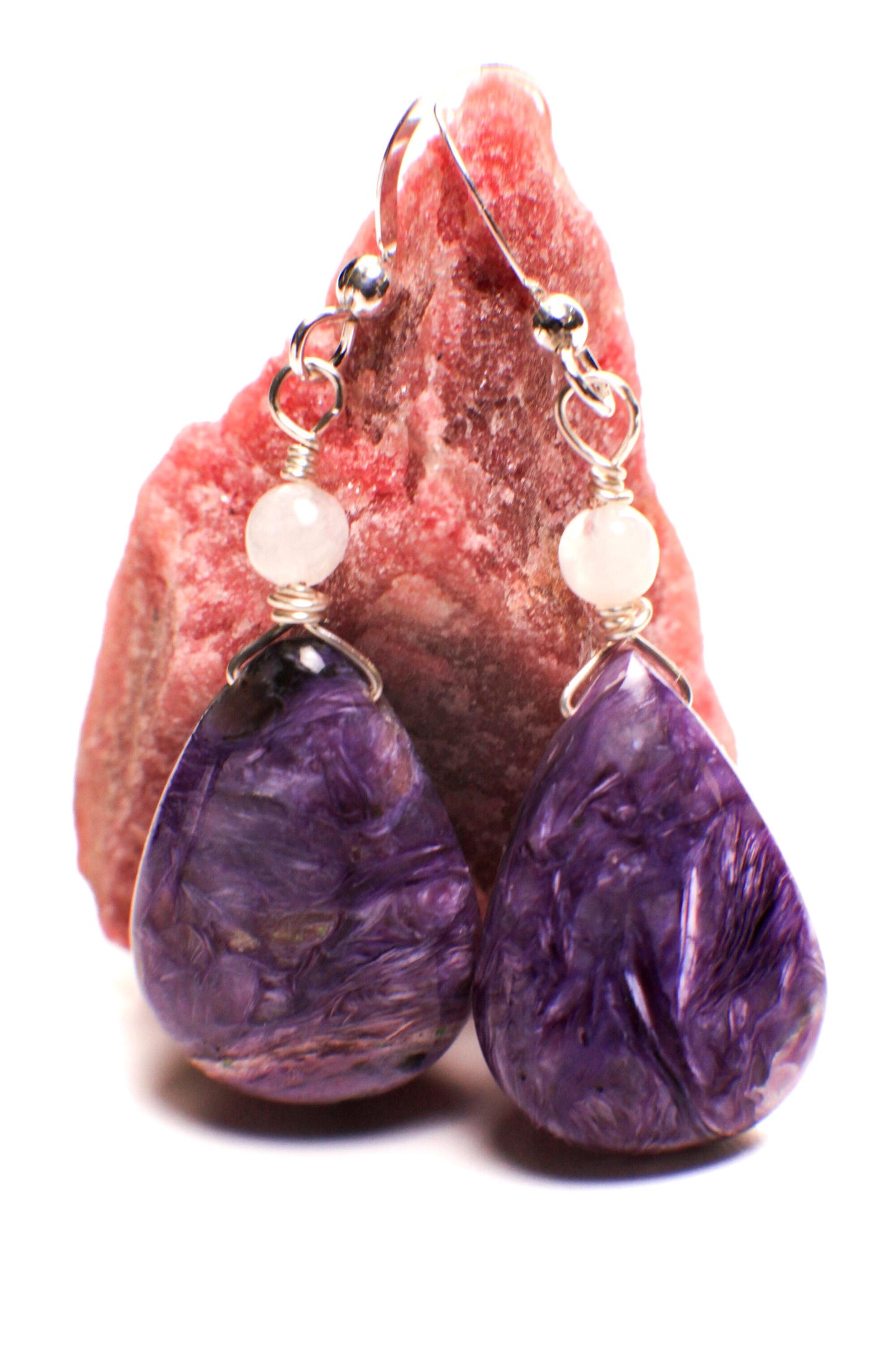 Natural Charolite smooth drop ,moonstone top spacer 925 sterling silver dangle earring. Beautiful rare AAA quality Rare Gemstone earring