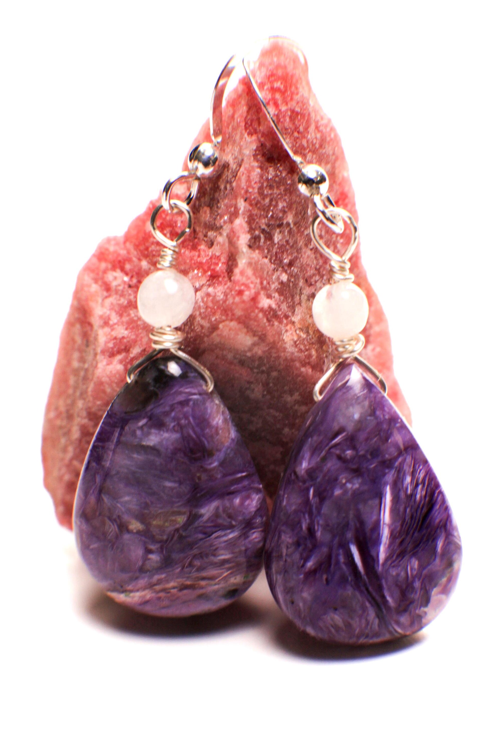 Natural Charolite smooth drop ,moonstone top spacer 925 sterling silver dangle earring. Beautiful rare AAA quality Rare Gemstone earring