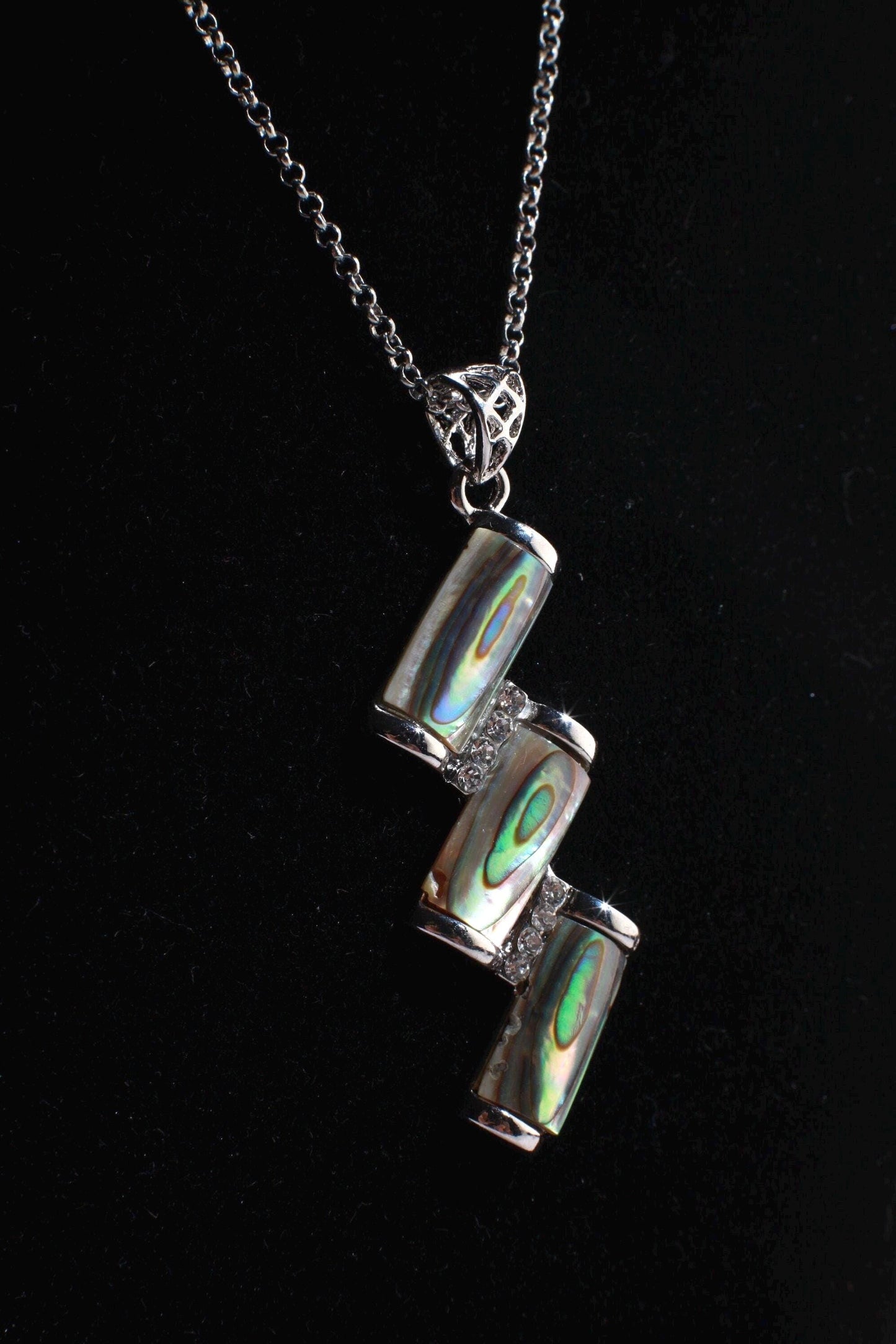 Abalone Shell Silver Bezel Zig Zag with Cubic Zirconia Charm Necklace Jewelry, Dainty Layering Paua Minimalist 18" Necklace