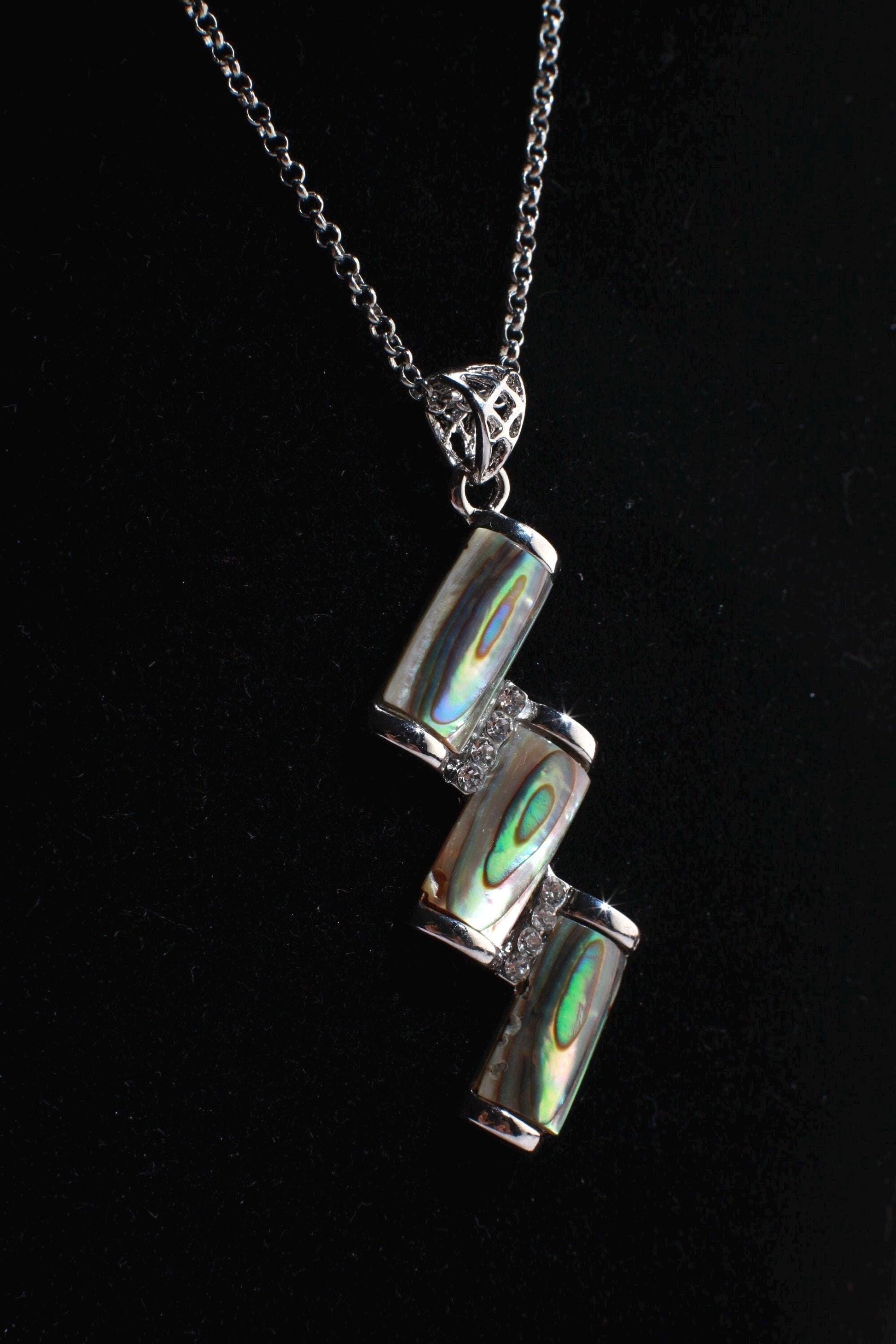 Abalone Shell Silver Bezel Zig Zag with Cubic Zirconia Charm Necklace Jewelry, Dainty Layering Paua Minimalist 18" Necklace