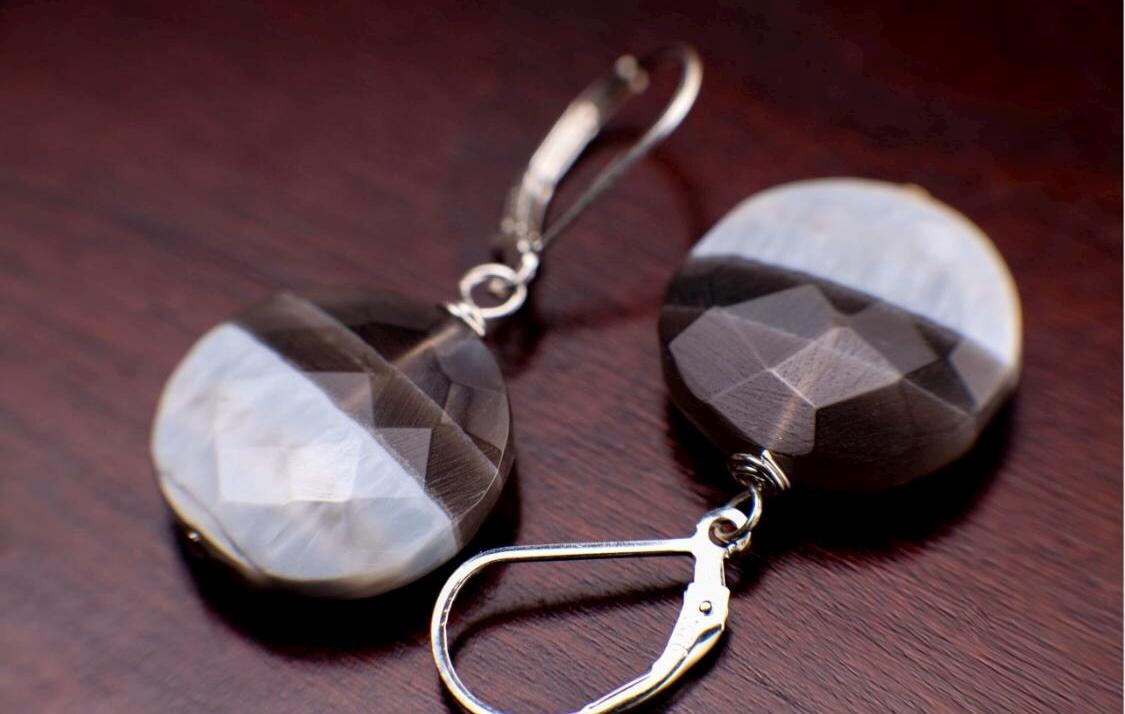 Natural Blue Peruvian Blue Oregon Boulder Opal Faceted Disk 18mm with Black Onyx Spacers Sterling Silver Hook Earwire or Leverback