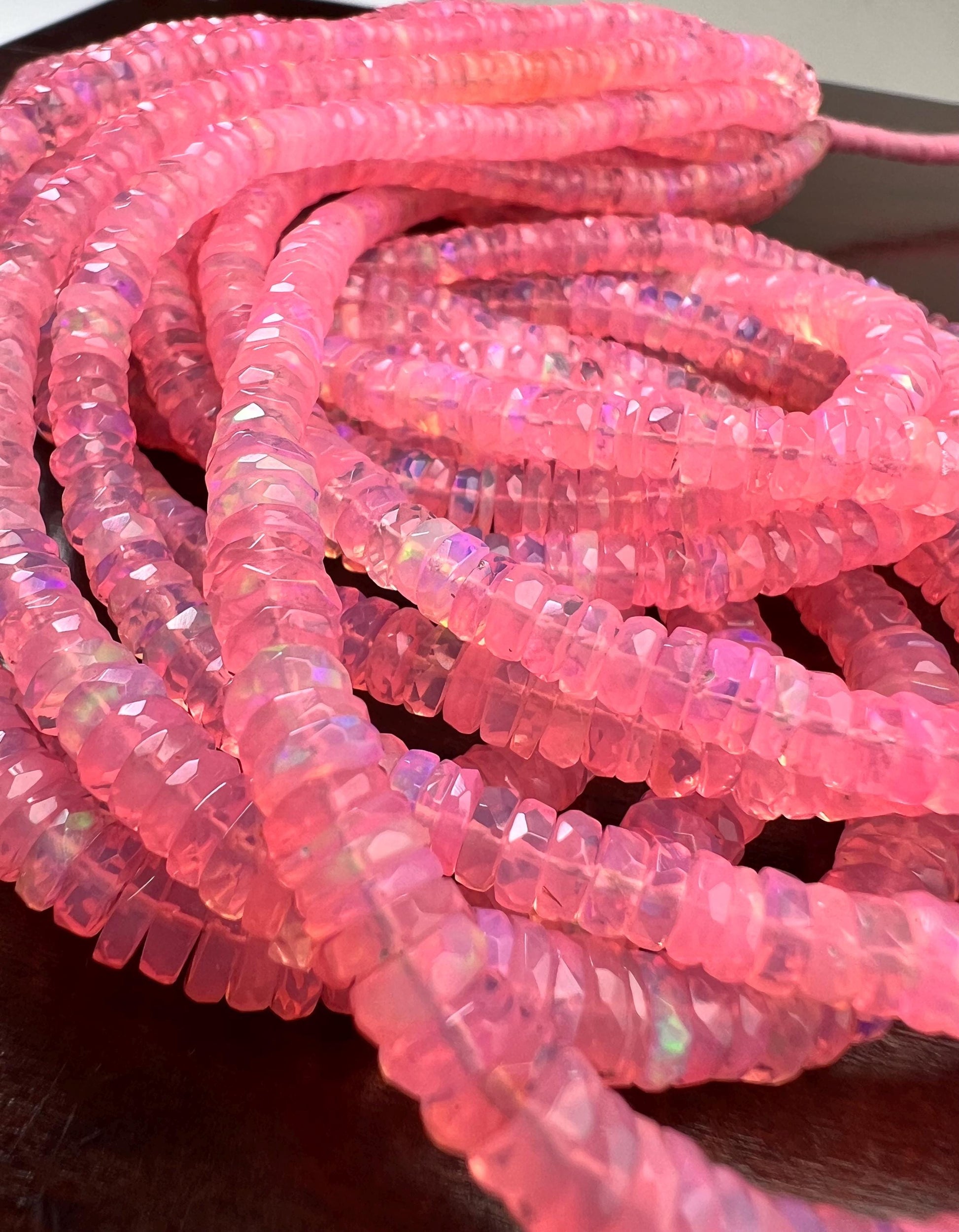 Pink Ethiopian opal fire Opal Welo Opal Faceted Heishi sweet pink roundel 4.5-6.5mm AAA quality fiery Opal bead 15” Full strand