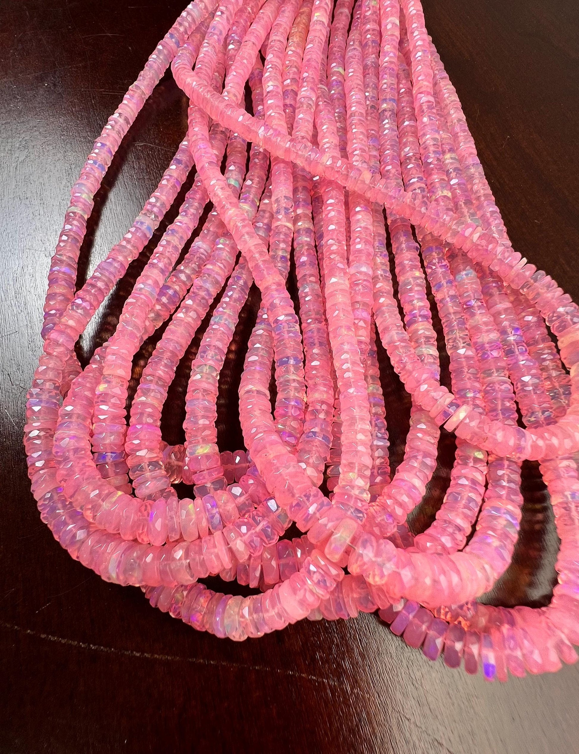 Pink Ethiopian opal fire Opal Welo Opal Faceted Heishi sweet pink roundel 4.5-6.5mm AAA quality fiery Opal bead 15” Full strand