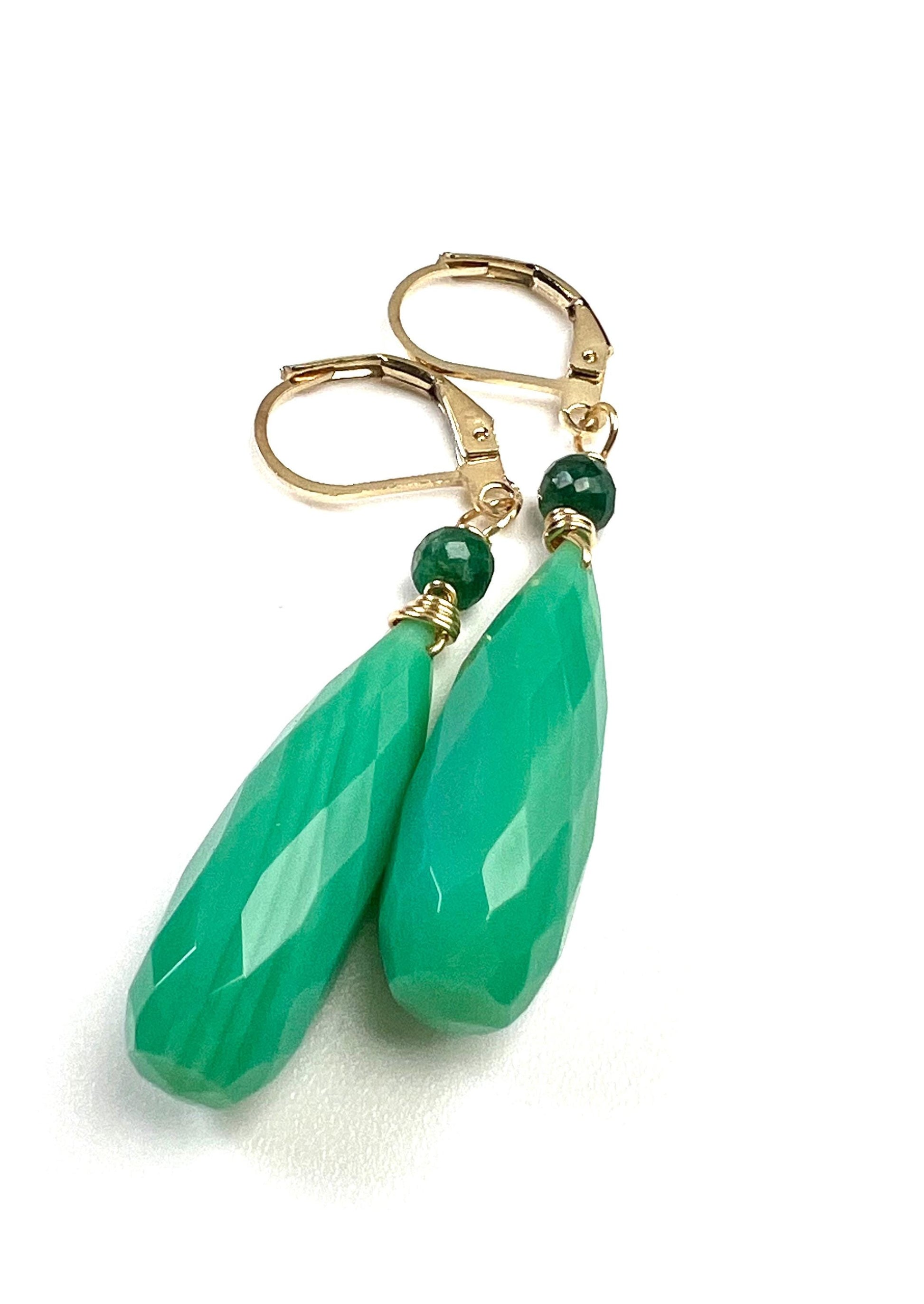 Natural Chrysoprase Faceted Long drop with Emerald roundel Leverback gold filled earrings