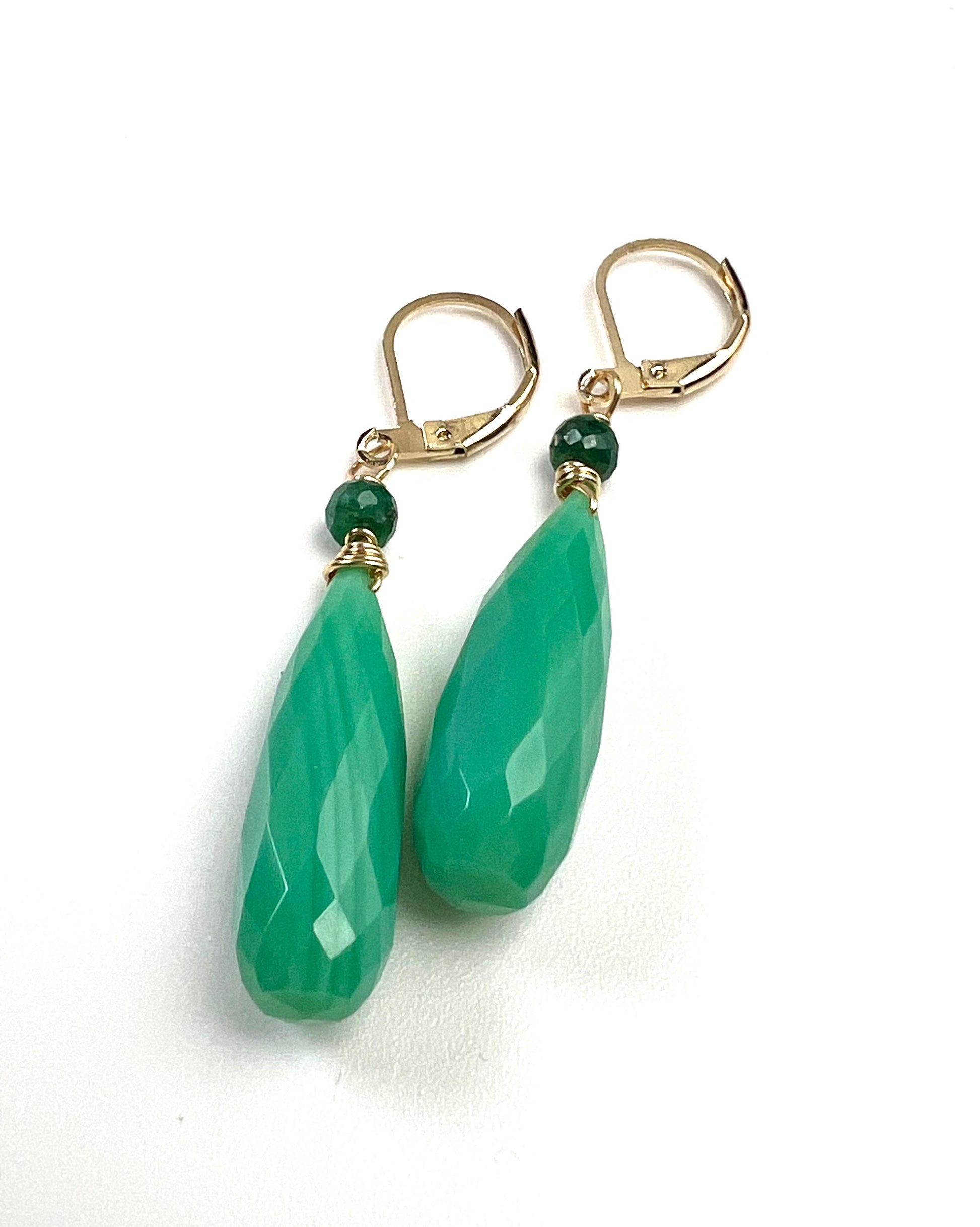 Natural Chrysoprase Faceted Long drop with Emerald roundel Leverback gold filled earrings