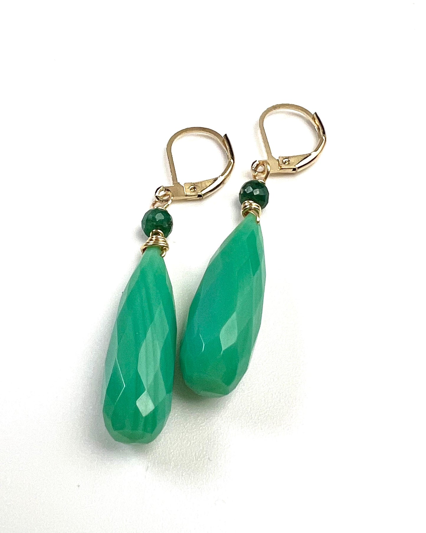 Natural Chrysoprase Faceted Long drop with Emerald roundel Leverback gold filled earrings