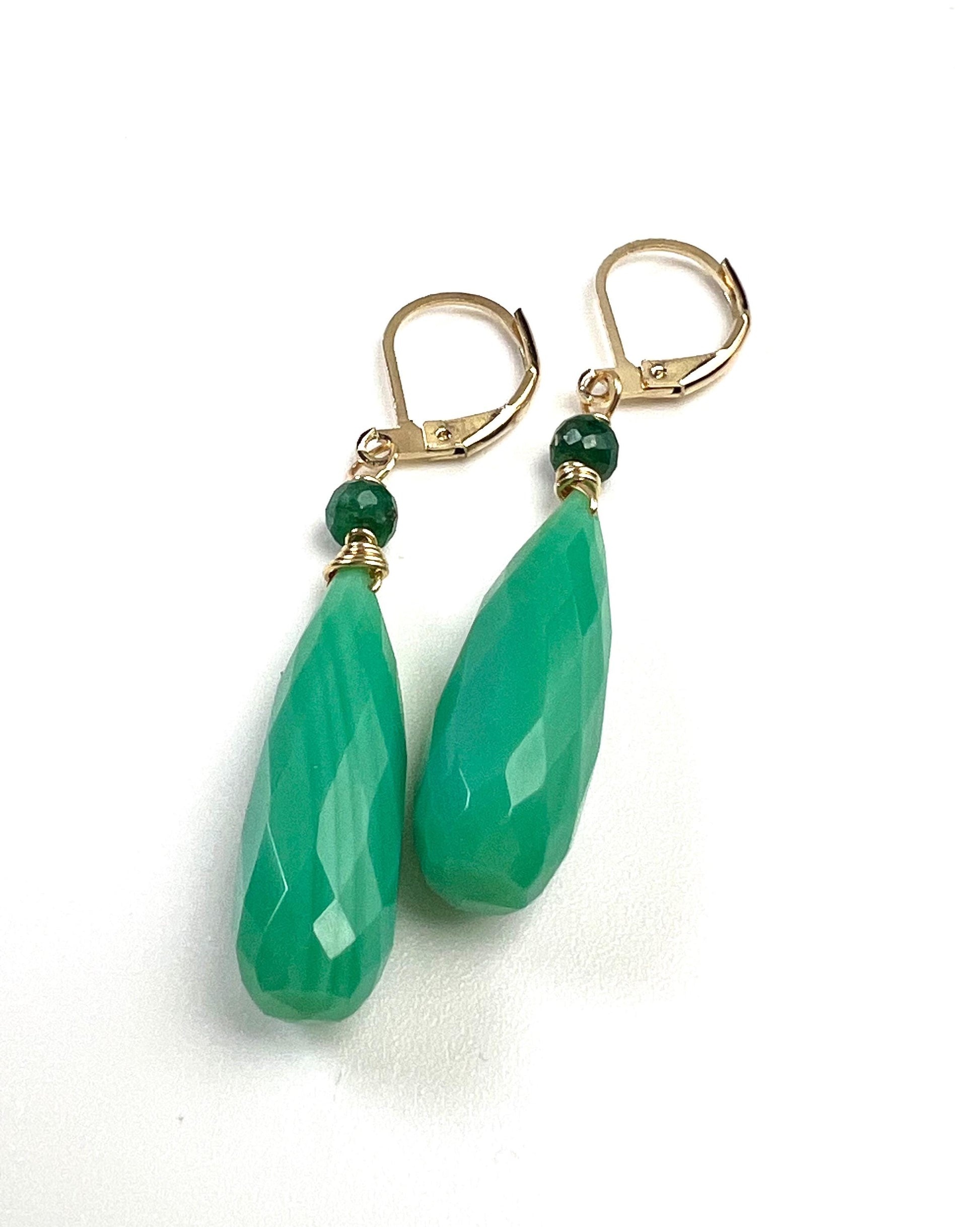 Natural Chrysoprase Faceted Long drop with Emerald roundel Leverback gold filled earrings