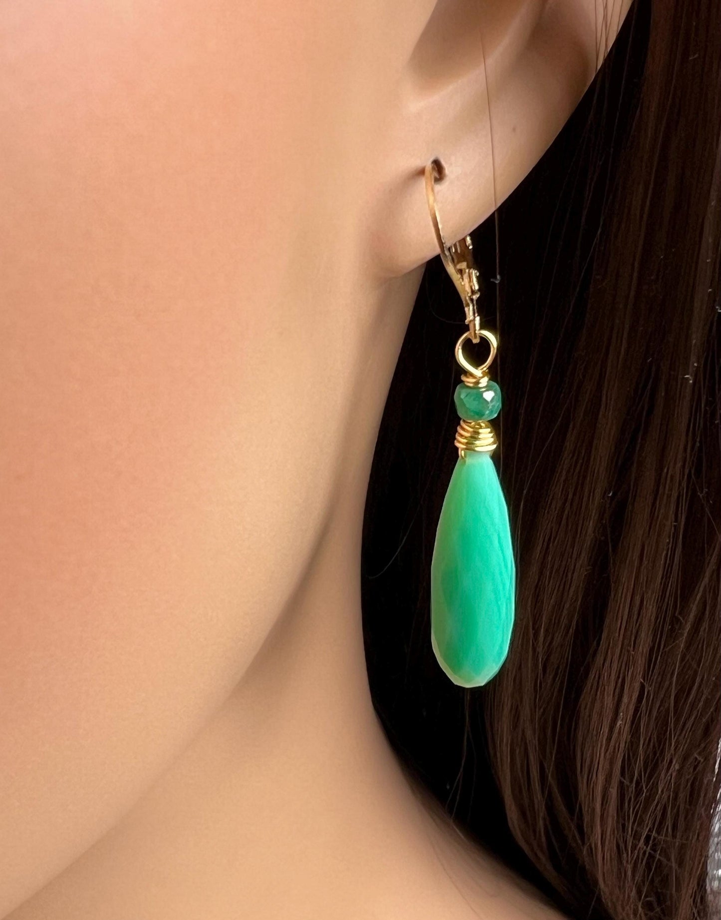 Natural Chrysoprase Faceted Long drop with Emerald roundel Leverback gold filled earrings