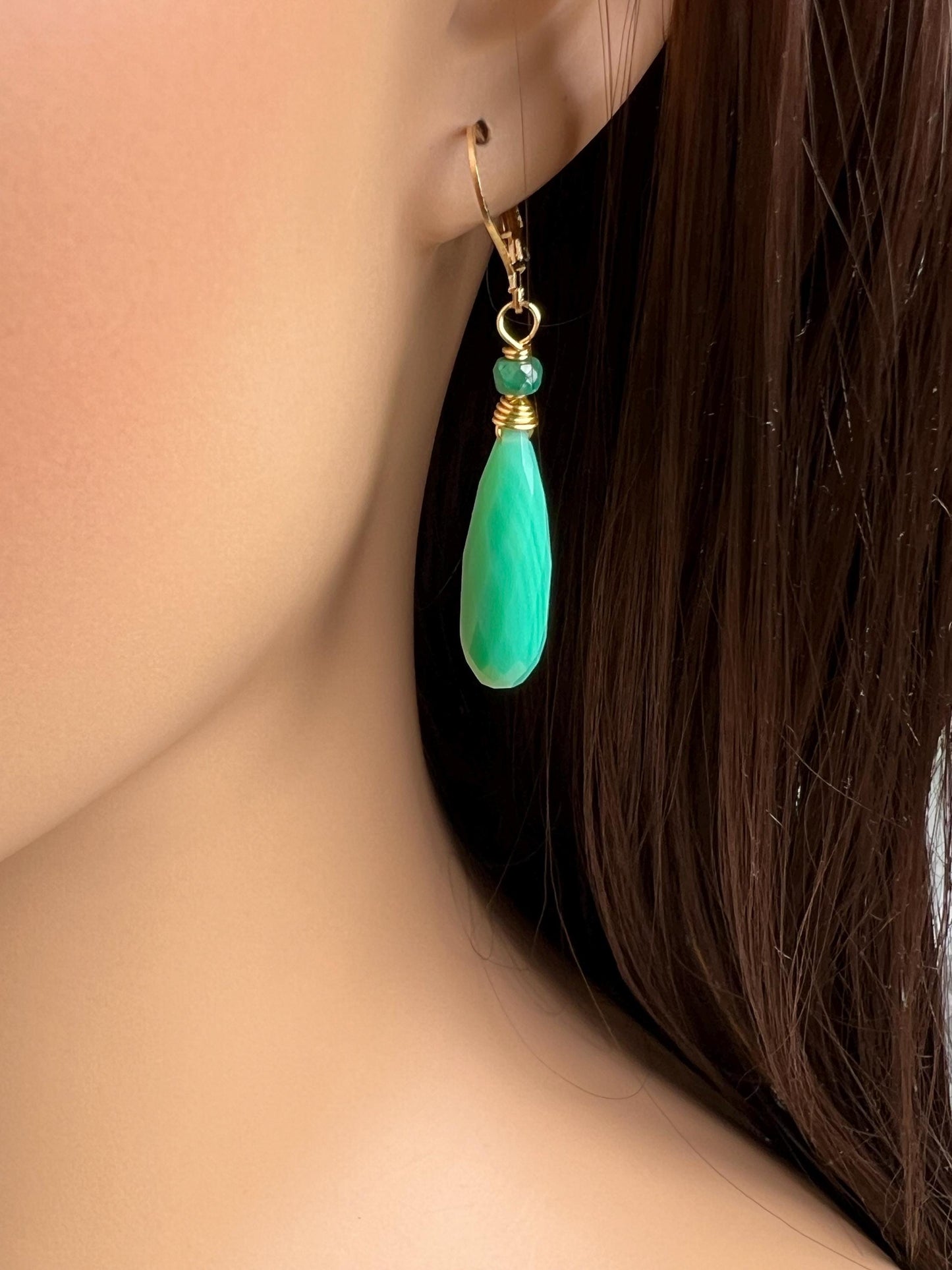 Natural Chrysoprase Faceted Long drop with Emerald roundel Leverback gold filled earrings