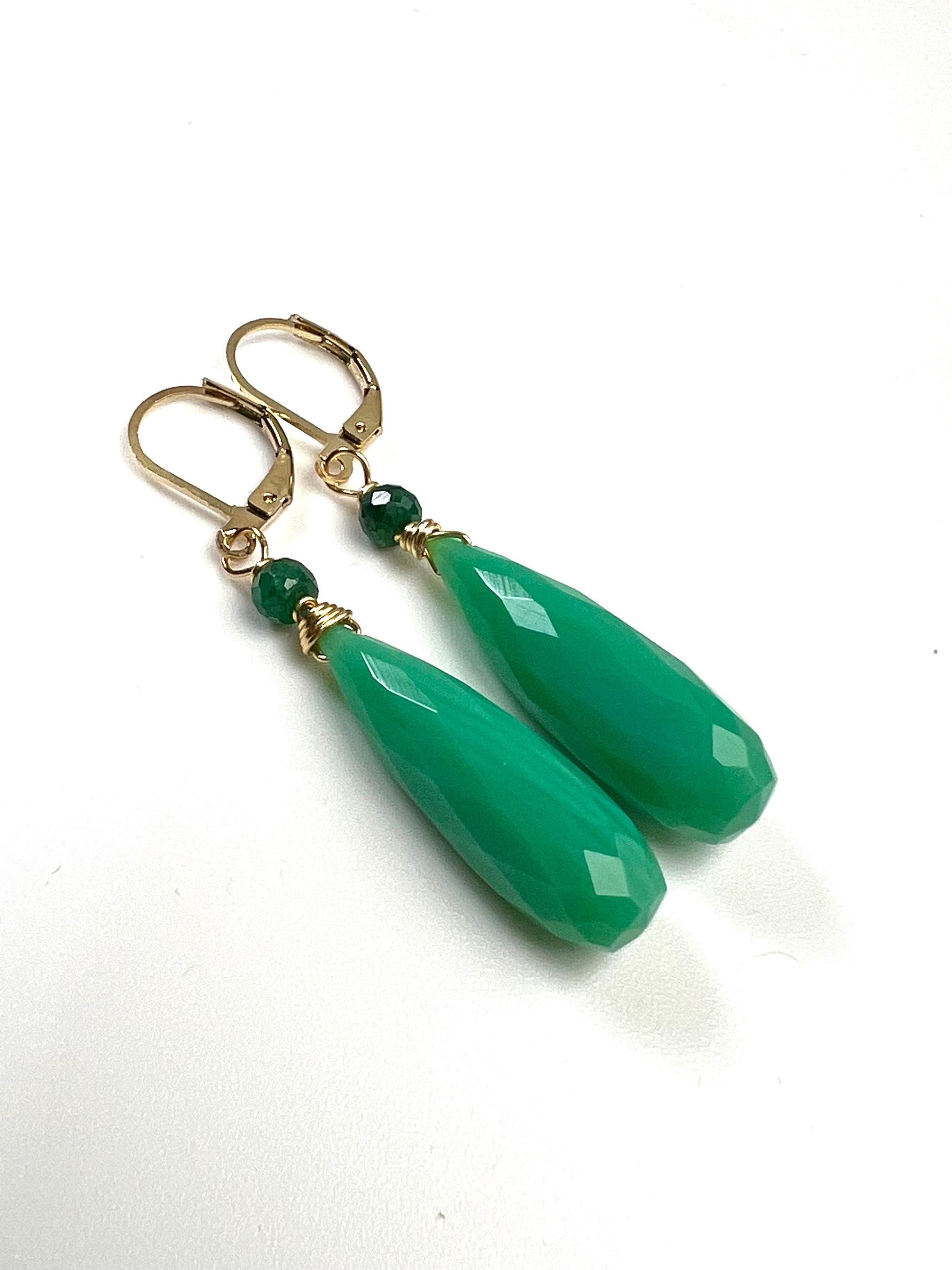 Natural Chrysoprase Faceted Long drop with Emerald roundel Leverback gold filled earrings