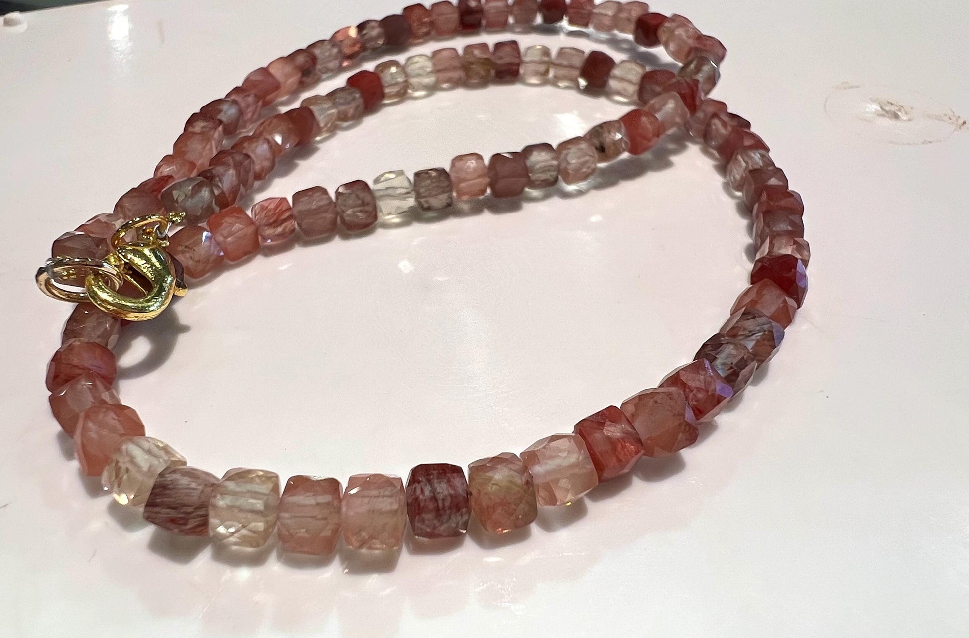 Natural Andesine Ombre peach 4 Faceted Square Cube shape gold vermeil Necklace Energy Chakra Yoga Gift.