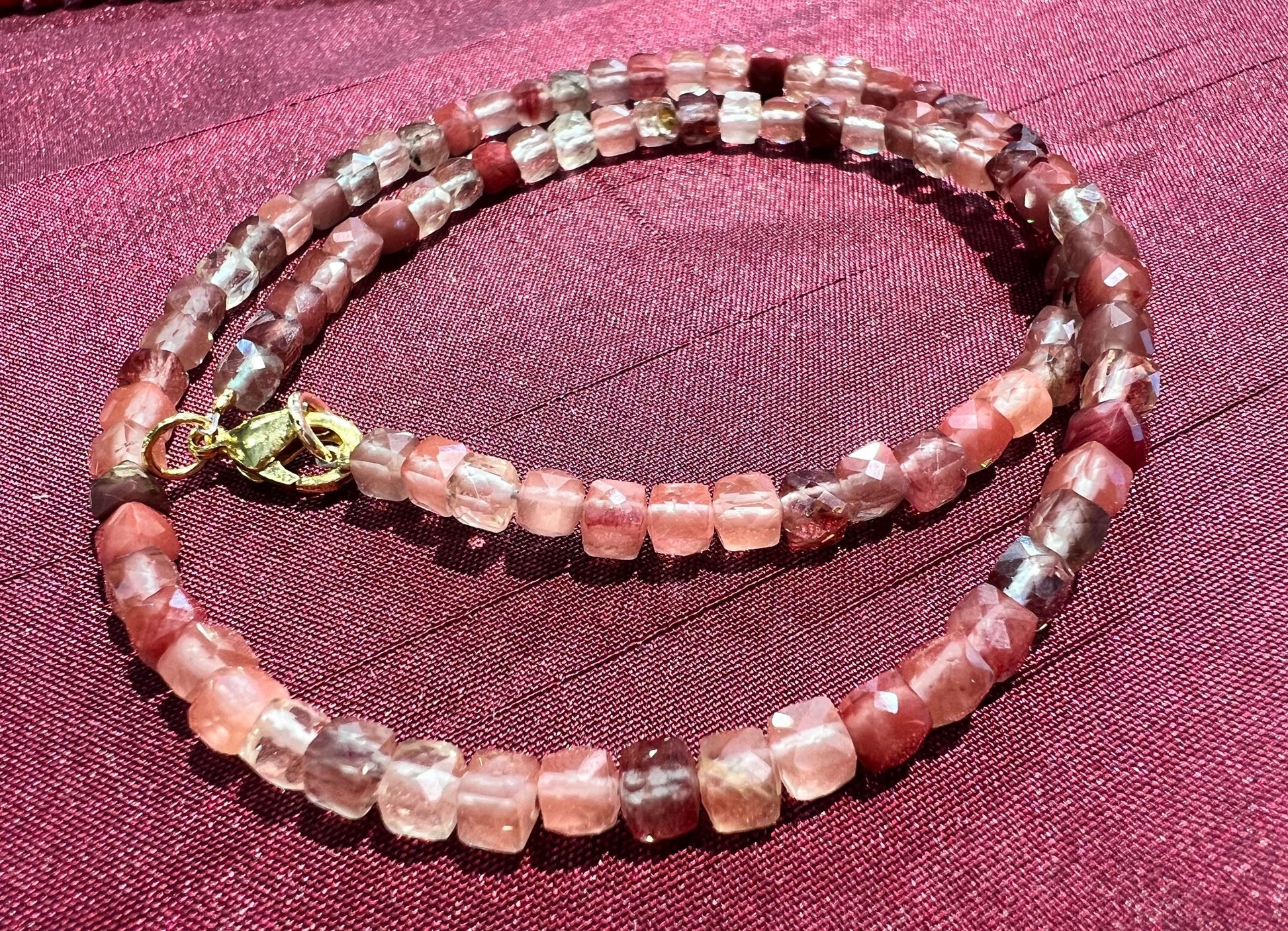 Natural Andesine Ombre peach 4 Faceted Square Cube shape gold vermeil Necklace Energy Chakra Yoga Gift.