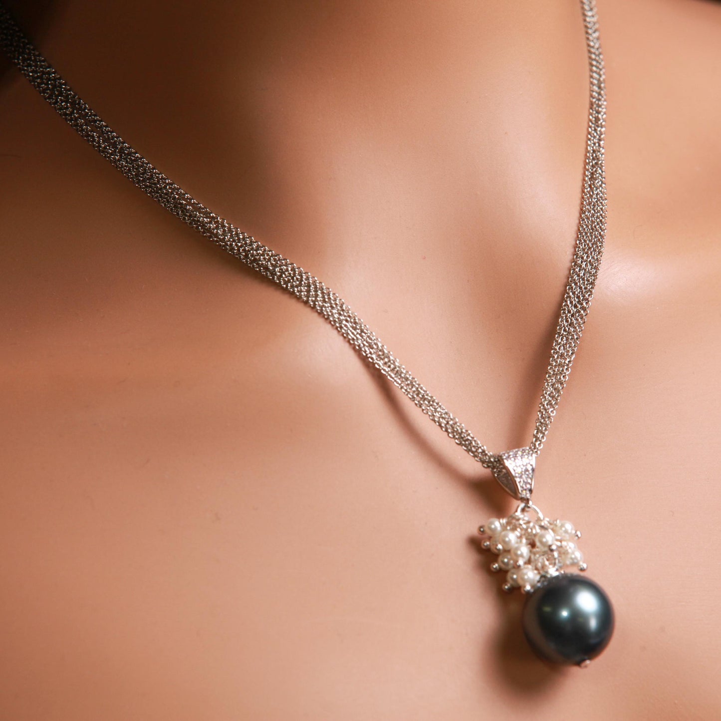 Teal Green 16mm South Sea Shell Pearl High Luster, 3mm White Freshwater Pearl Cluster, CZ Bail, 925 Sterling Silver Rhodium Finished Chain