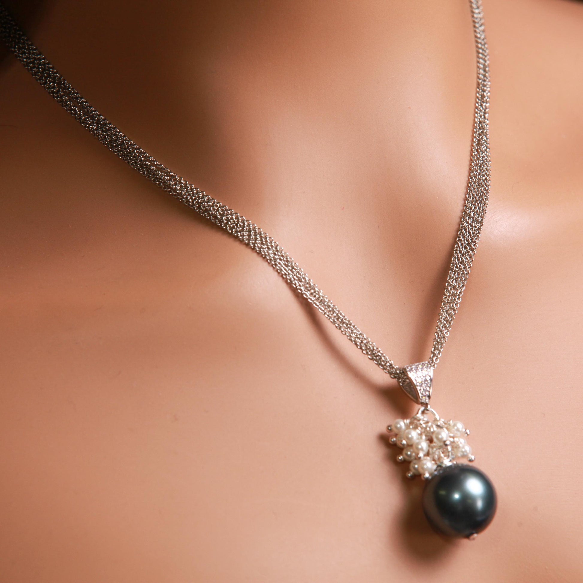 Teal Green 16mm South Sea Shell Pearl High Luster, 3mm White Freshwater Pearl Cluster, CZ Bail, 925 Sterling Silver Rhodium Finished Chain