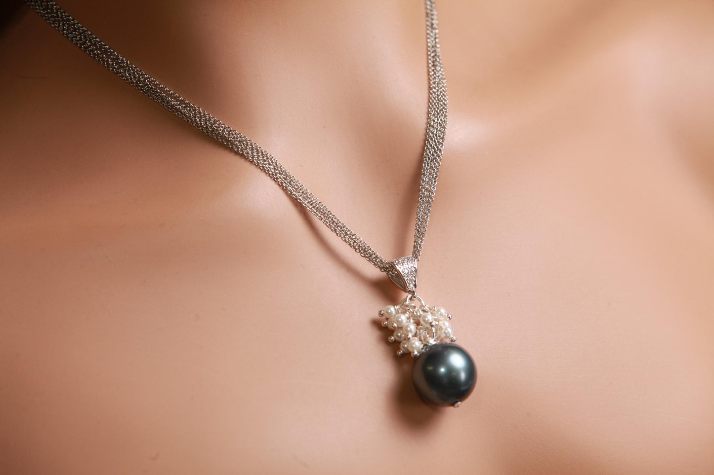 Teal Green 16mm South Sea Shell Pearl High Luster, 3mm White Freshwater Pearl Cluster, CZ Bail, 925 Sterling Silver Rhodium Finished Chain