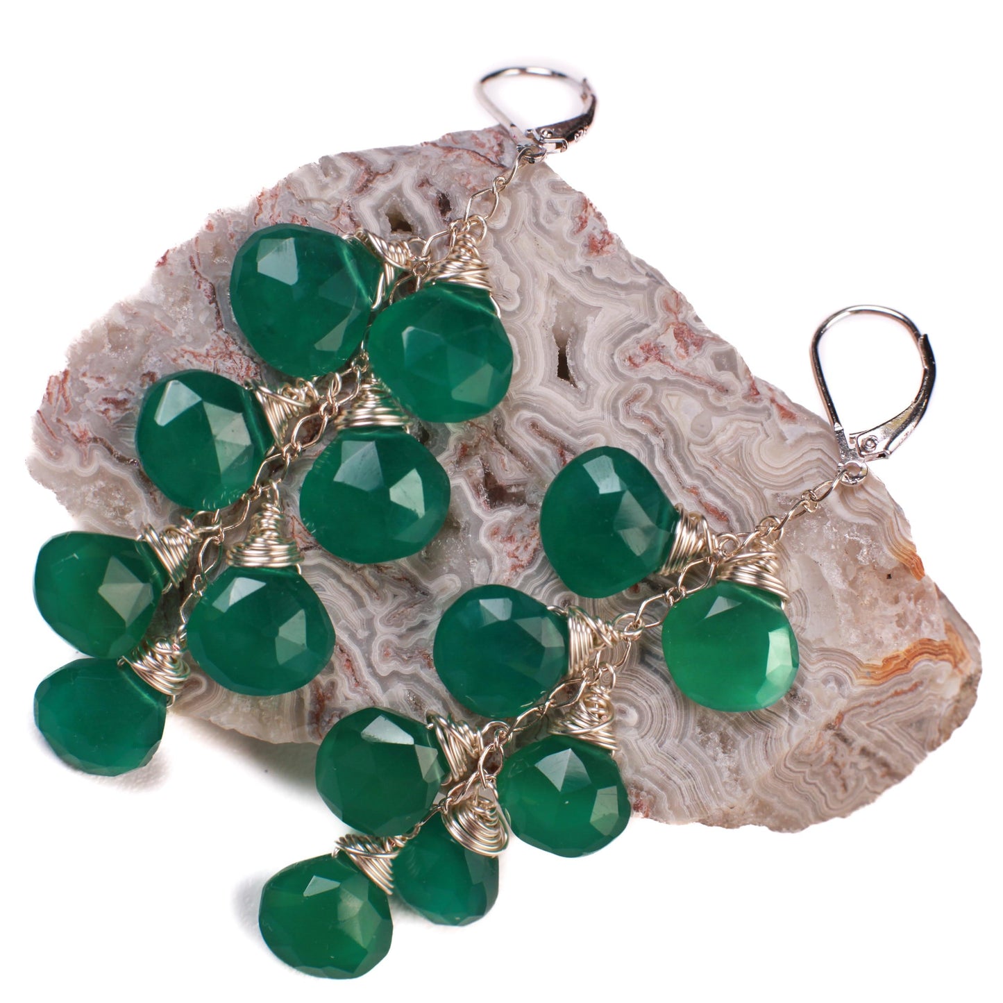 Natural Green Onyx Dangling Wire Wrapped Briolette Heart Earrings in 14K Gold Filled or 925 sterling silver, cascade earrings Handmade Gift