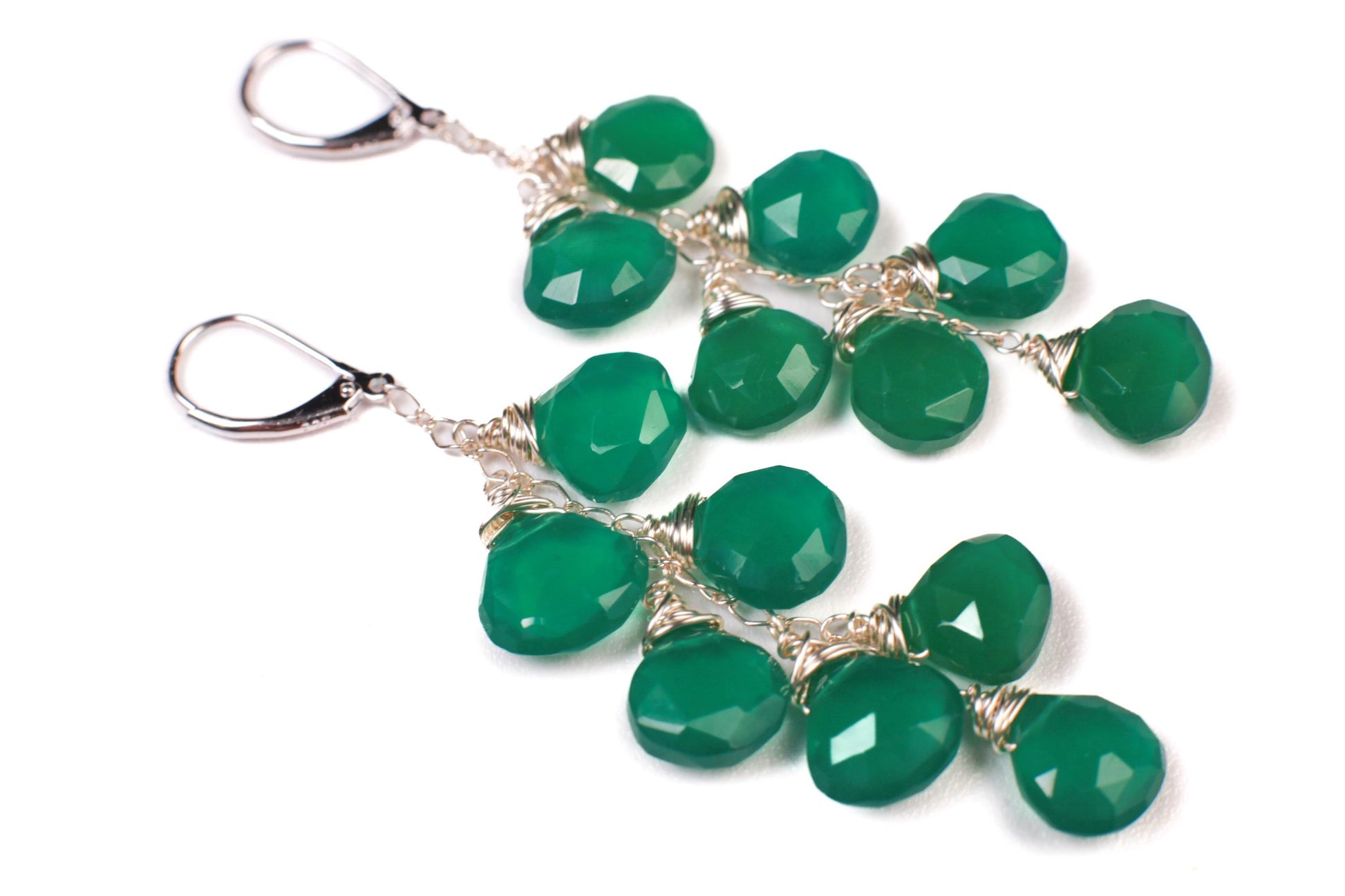 Natural Green Onyx Dangling Wire Wrapped Briolette Heart Earrings in 14K Gold Filled or 925 sterling silver, cascade earrings Handmade Gift