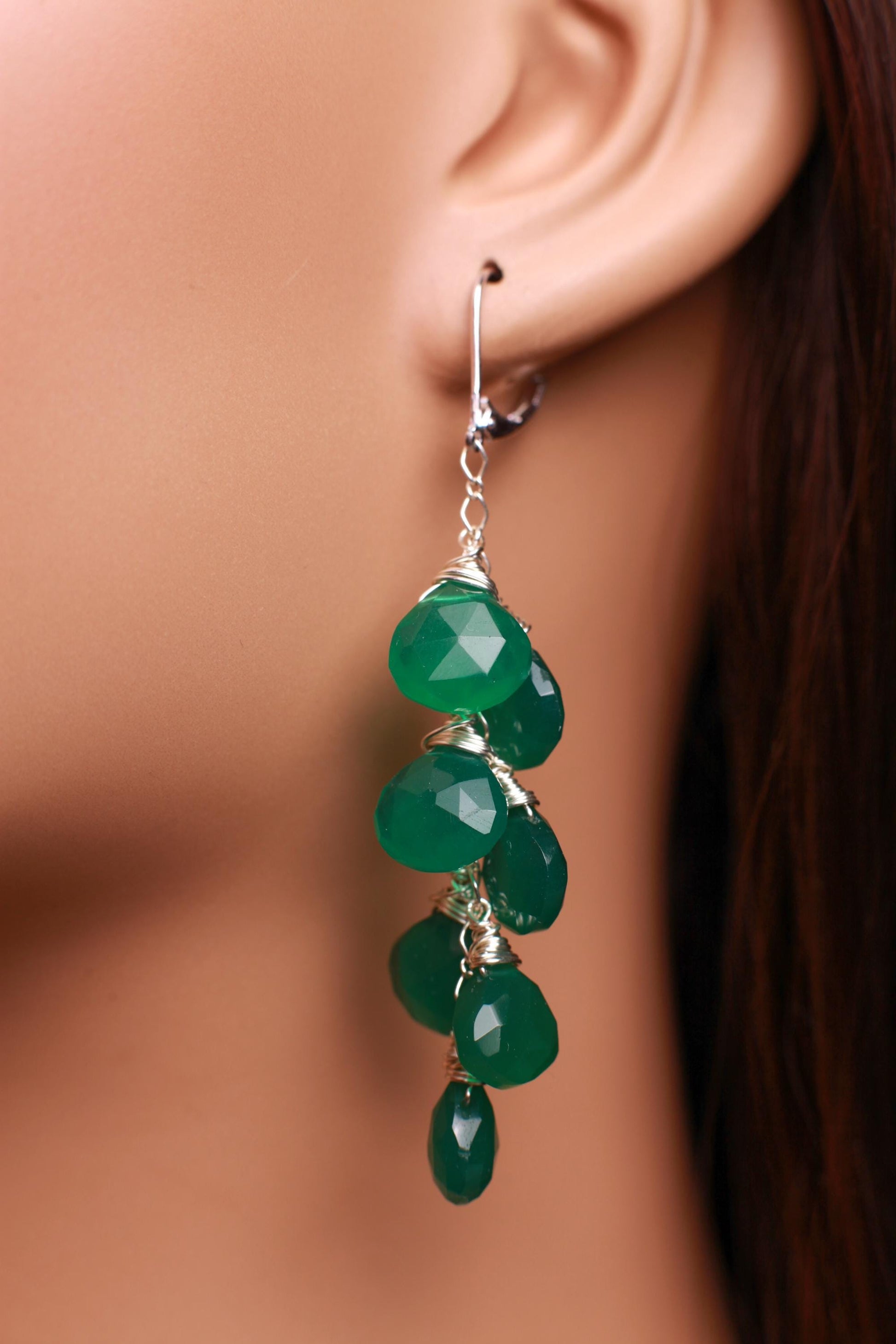 Natural Green Onyx Dangling Wire Wrapped Briolette Heart Earrings in 14K Gold Filled or 925 sterling silver, cascade earrings Handmade Gift