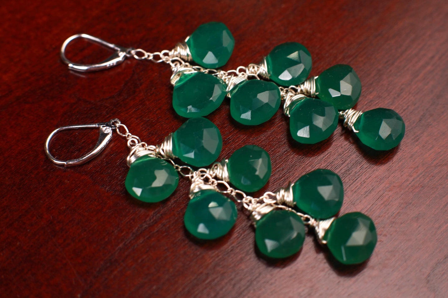 Natural Green Onyx Dangling Wire Wrapped Briolette Heart Earrings in 14K Gold Filled or 925 sterling silver, cascade earrings Handmade Gift