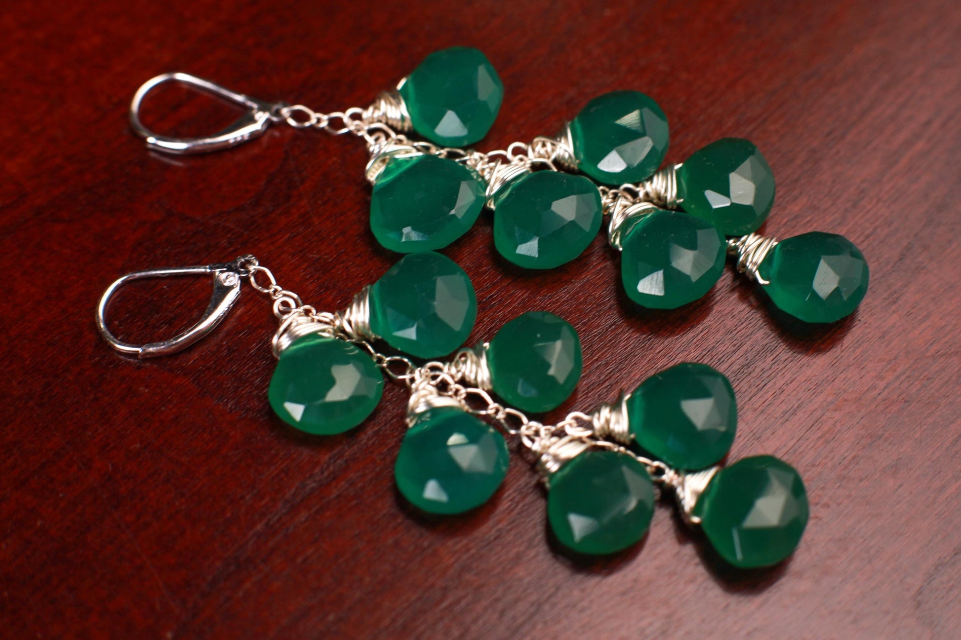 Natural Green Onyx Dangling Wire Wrapped Briolette Heart Earrings in 14K Gold Filled or 925 sterling silver, cascade earrings Handmade Gift